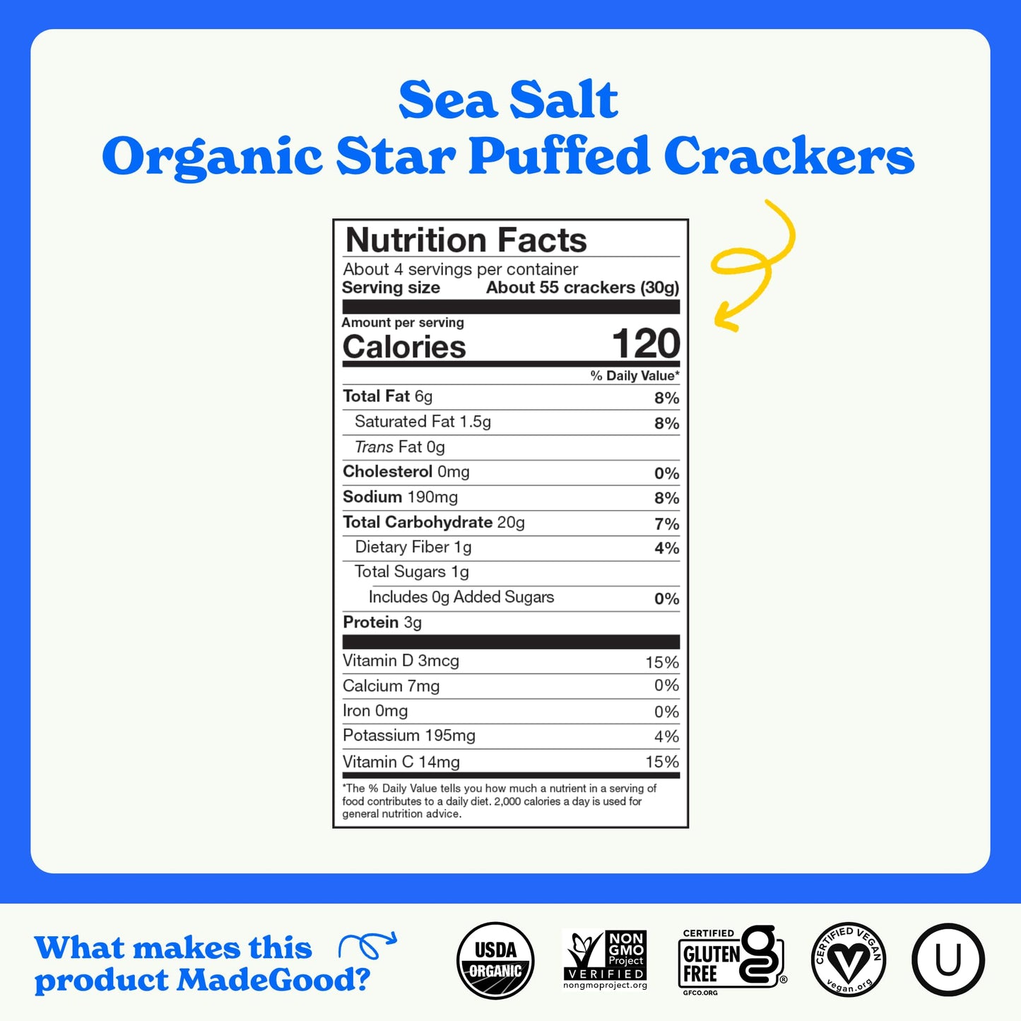 MadeGood Sea Salt Star Puffed Crackers, 4.26oz Pouch, Organic Snacks