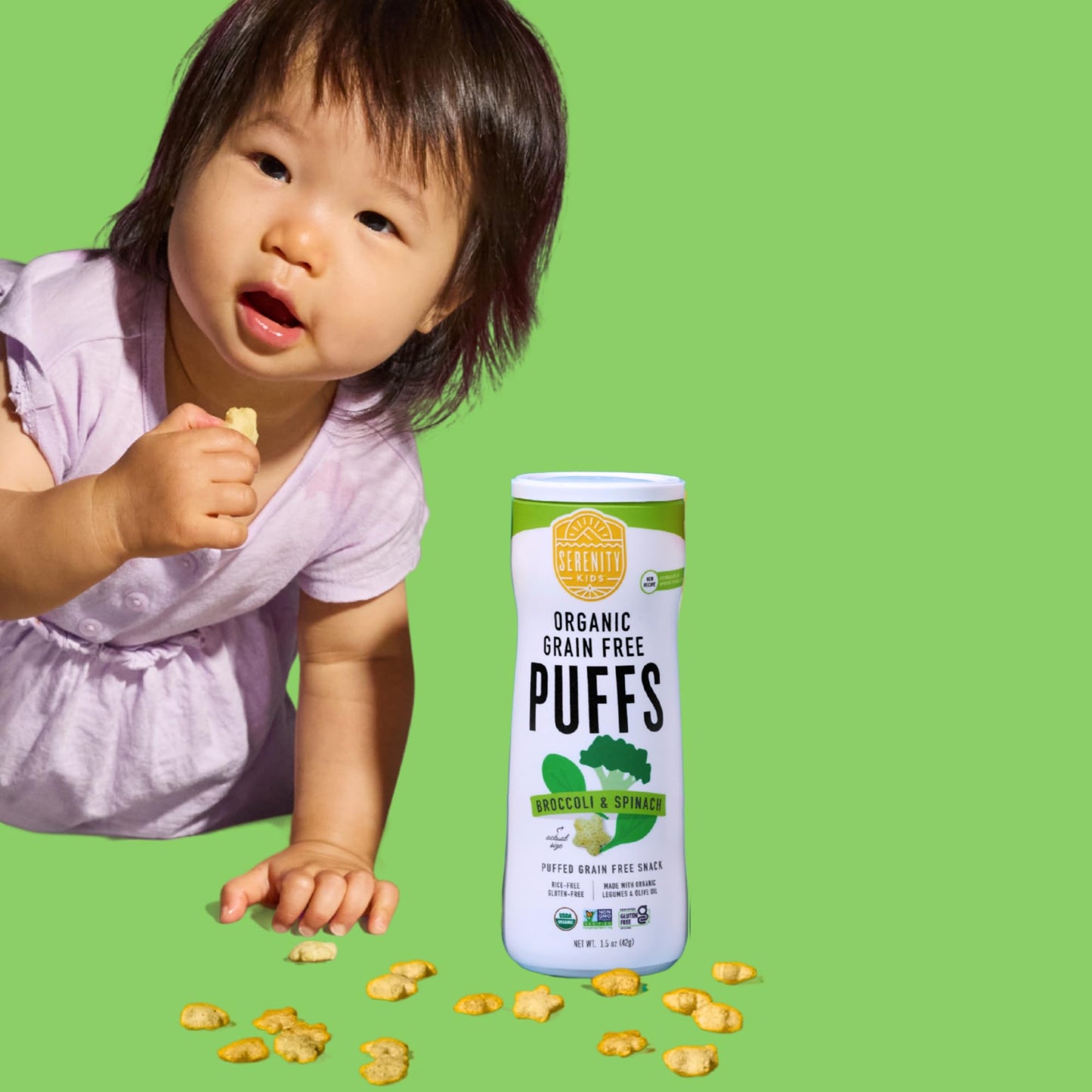 Serenity Kids 6+ Months Grain-Free Allergen-Safe Toddler & Baby Puffs - No Grains, Gluten, Nuts, Rice - Organic Veggies, Legumes, Olive Oil Baby Snacks - 1.5 Ounce, Pack Of 6, Broccoli & Spinach