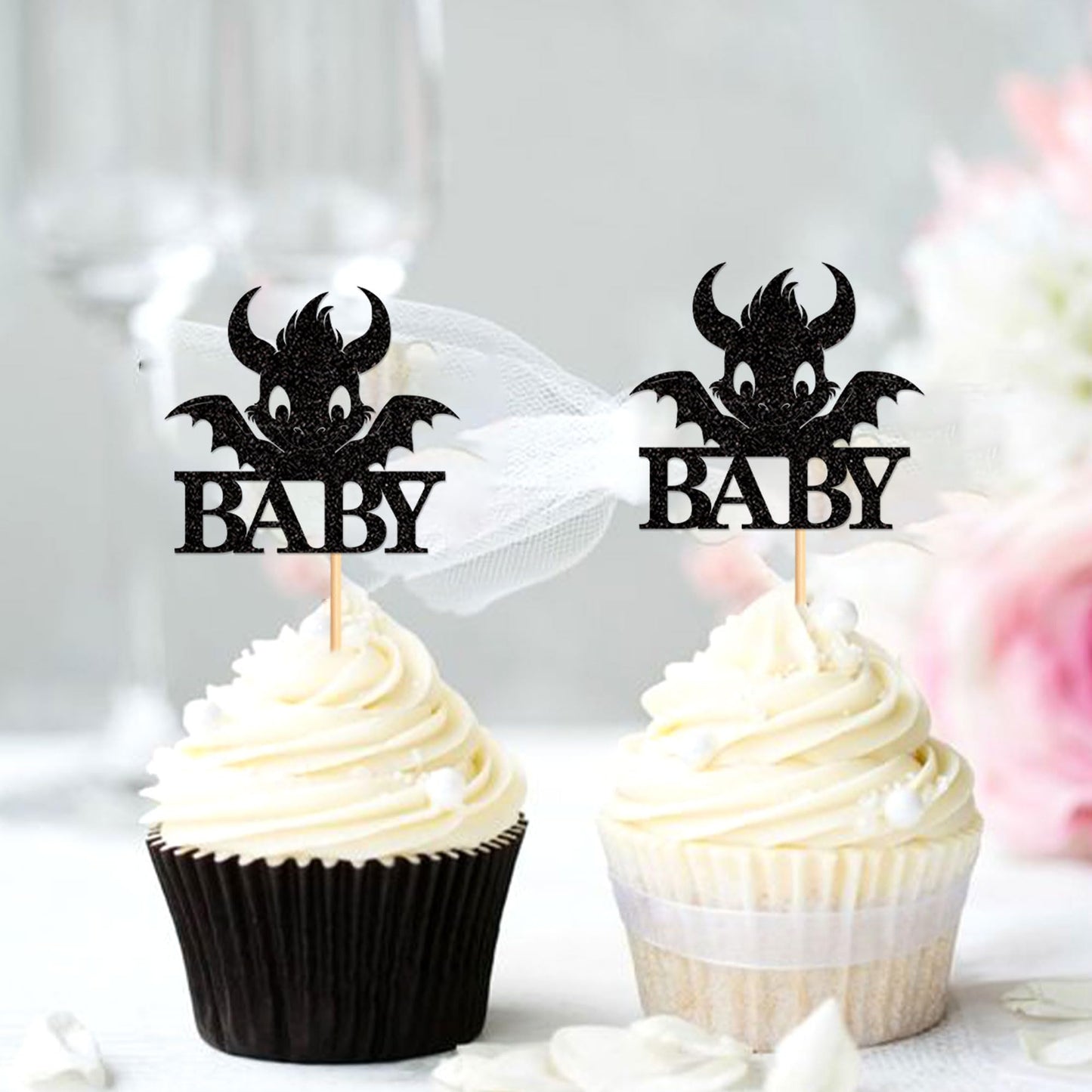 Ercadio 24 Pack Dragon Baby Cupcake Toppers Black Glitter Dragon Baby Cupcake Picks Cute Dinosaur Cupcake Topper Dragon Cupcake