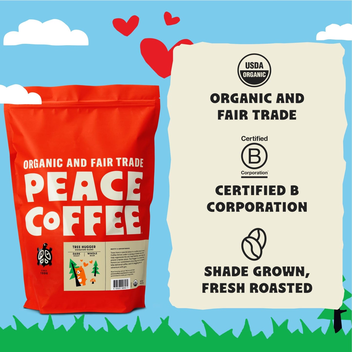 Peace Coffee Tree Hugger Signature Blend | 5 Lb Ground Dark Roast | Organic Fair Trade | Soft, Smooth Flavor | Shade Grown, Fres