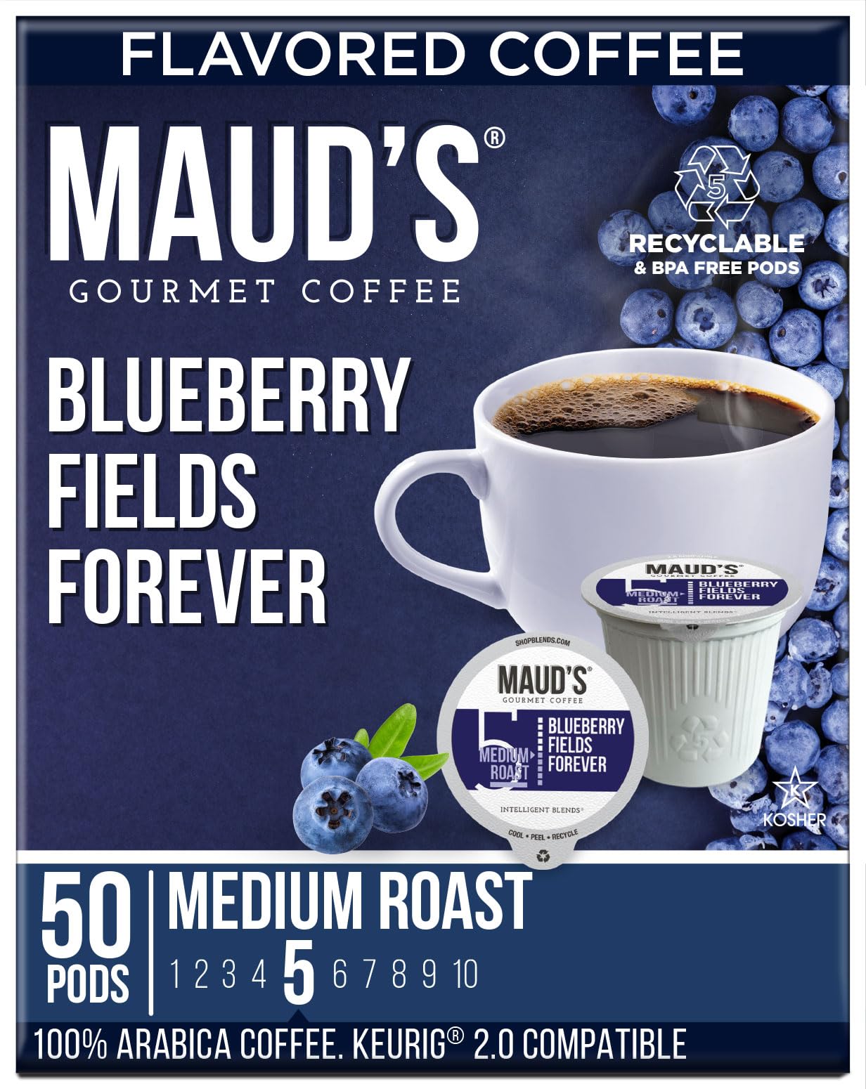 Mauds Blueberry Flavored Coffee Pods  50ct | Blueberry Fields Forever | 100% Arabica Medium Roast Coffee Pods | Solar Energy Produced Recyclable Single Serve Pods Compatible with Keurig K-Cup malt-inspired