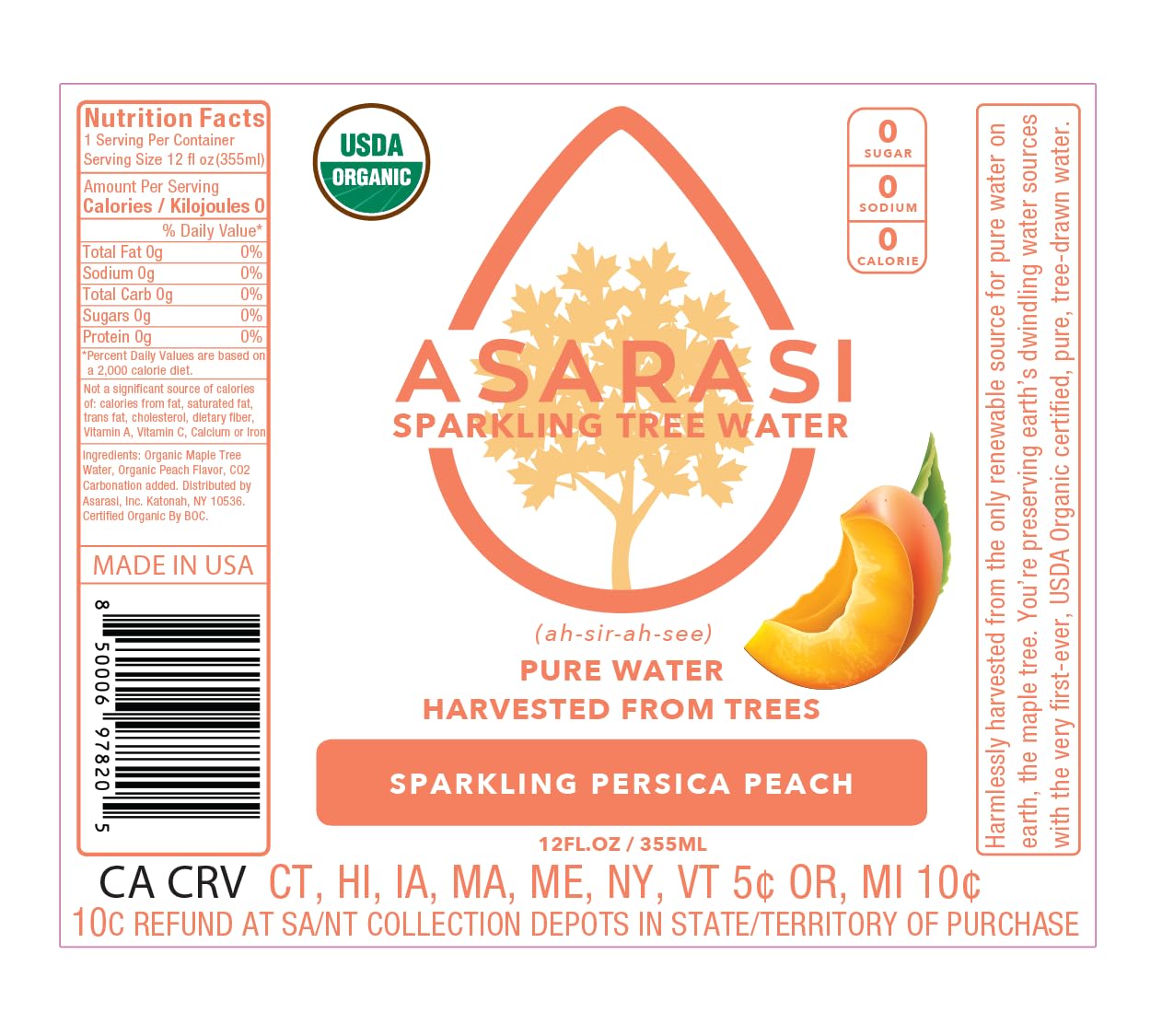 Asarasi Organic Sparkling Persica Peach Tree Water - 12 Pack