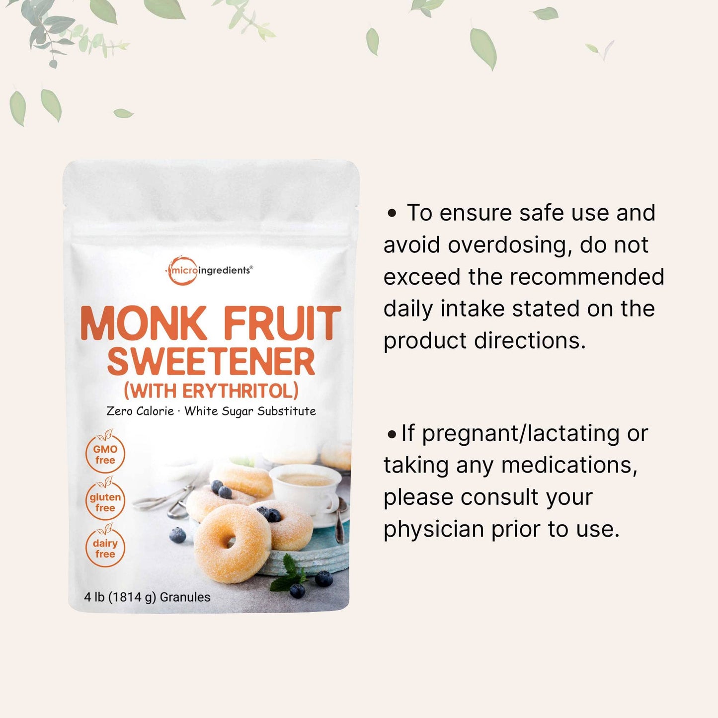 Monk Fruit Sweetener With Erythritol Granules, 4 Pounds, No After Taste, 1:1 White Sugar Substitute, Keto Diet Friendly, Zero Ca