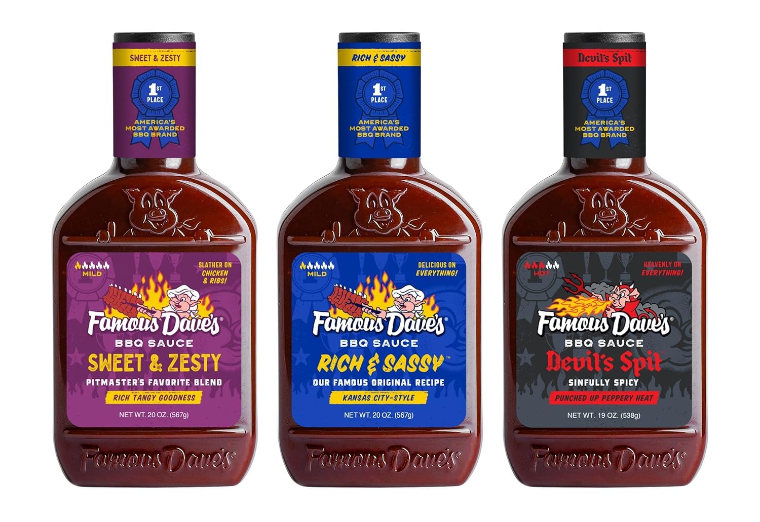 Famous Dave's BBQ Variety Pack With Devil's Spit, Sweet & Zesty and Rich & Sassy, Grill, Smoke, Bake, 20 Ounce 3-Pack