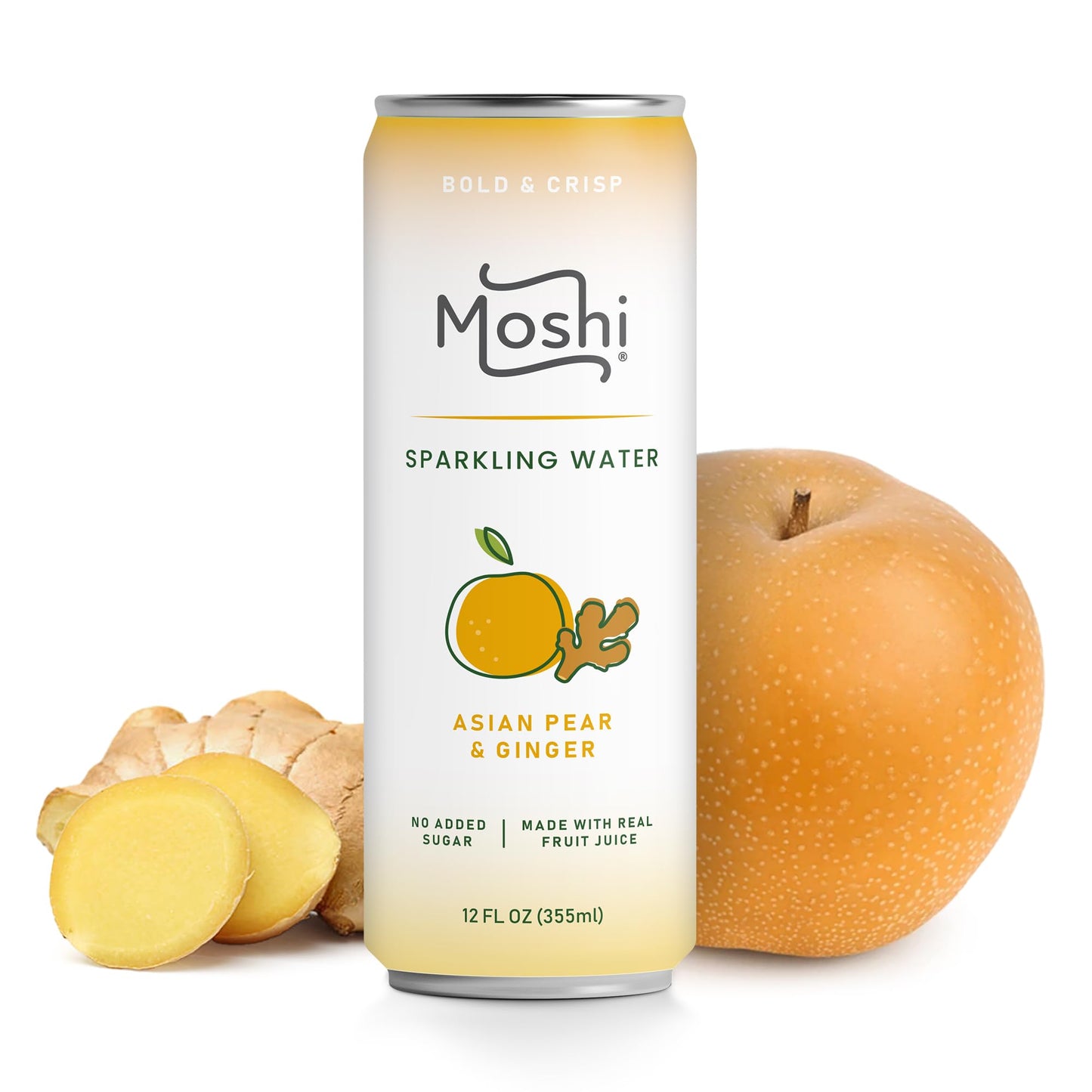 Moshi Sparkling Water - Asian Pear & Ginger - Carbonated Drink with Real Fruit Juice - Low Calorie - 12 Pack
