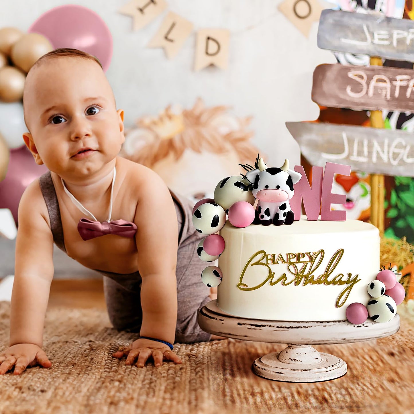 14 Pcs Cow Cake Decorations Pearls Balls Cake Toppers With Gold Happy Birthday Acrylic Cake Topper For Baby Shower Wedding Birth