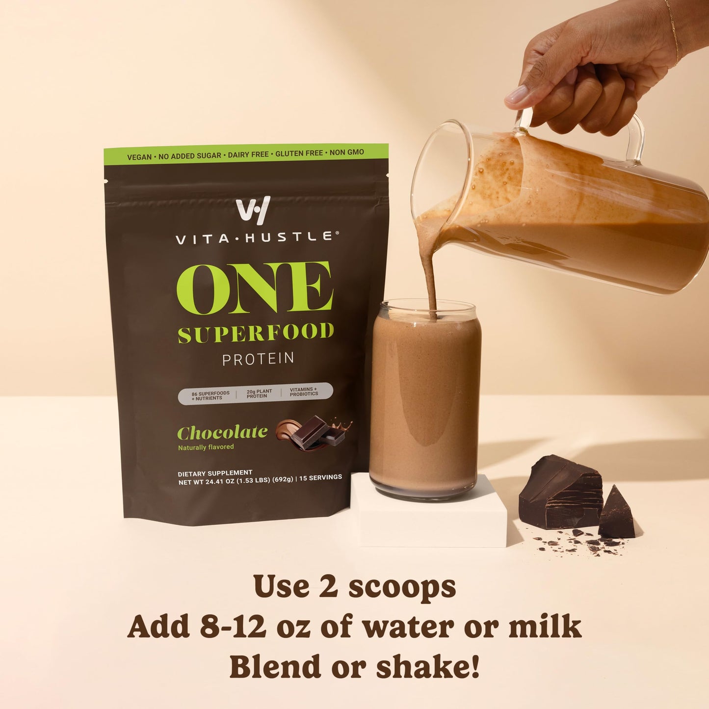 VitaHustle ONE Meal Replacement Shake - Plant Based Protein Powder - Vegan - 11.91 oz (Pack of 2) - Chocolate Flavor