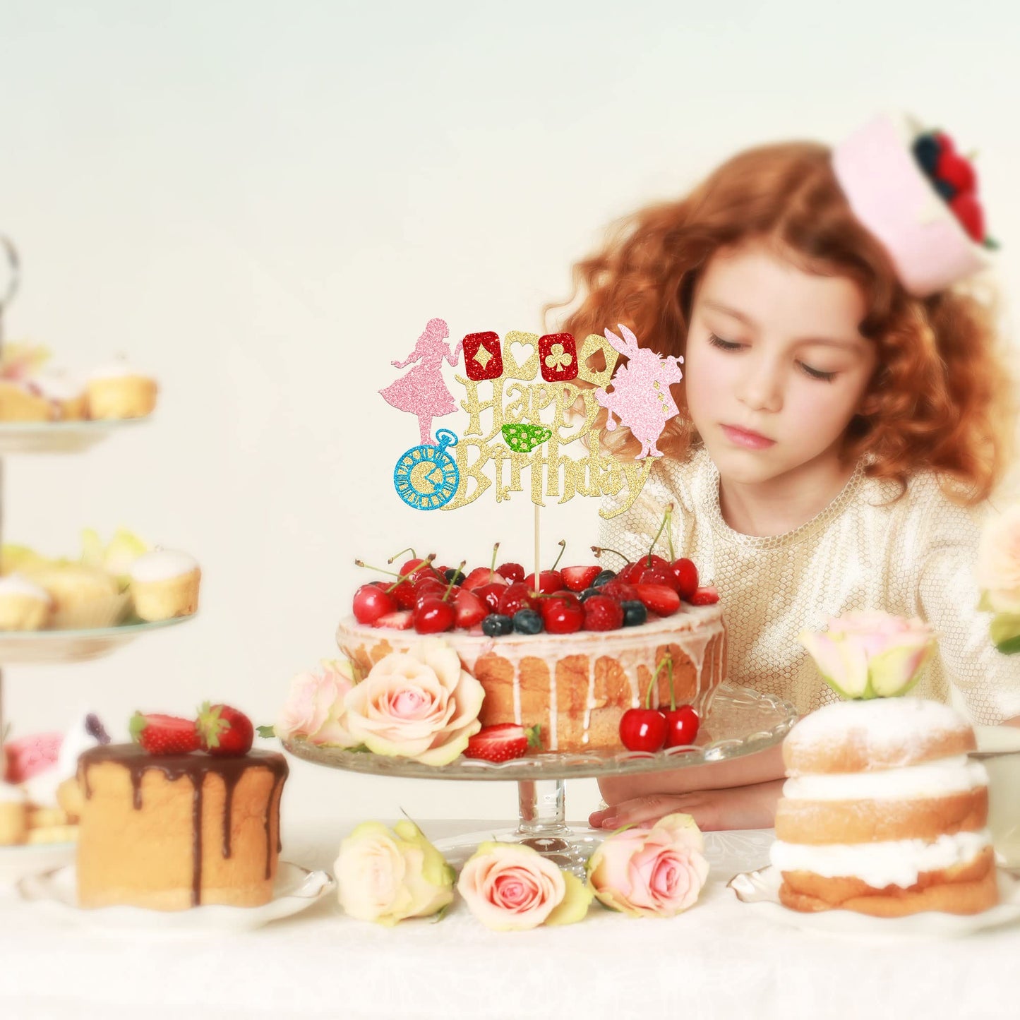 Gyufise Cake Topper Gold Glitter Alice in Wonderland Theme, Small, Paper