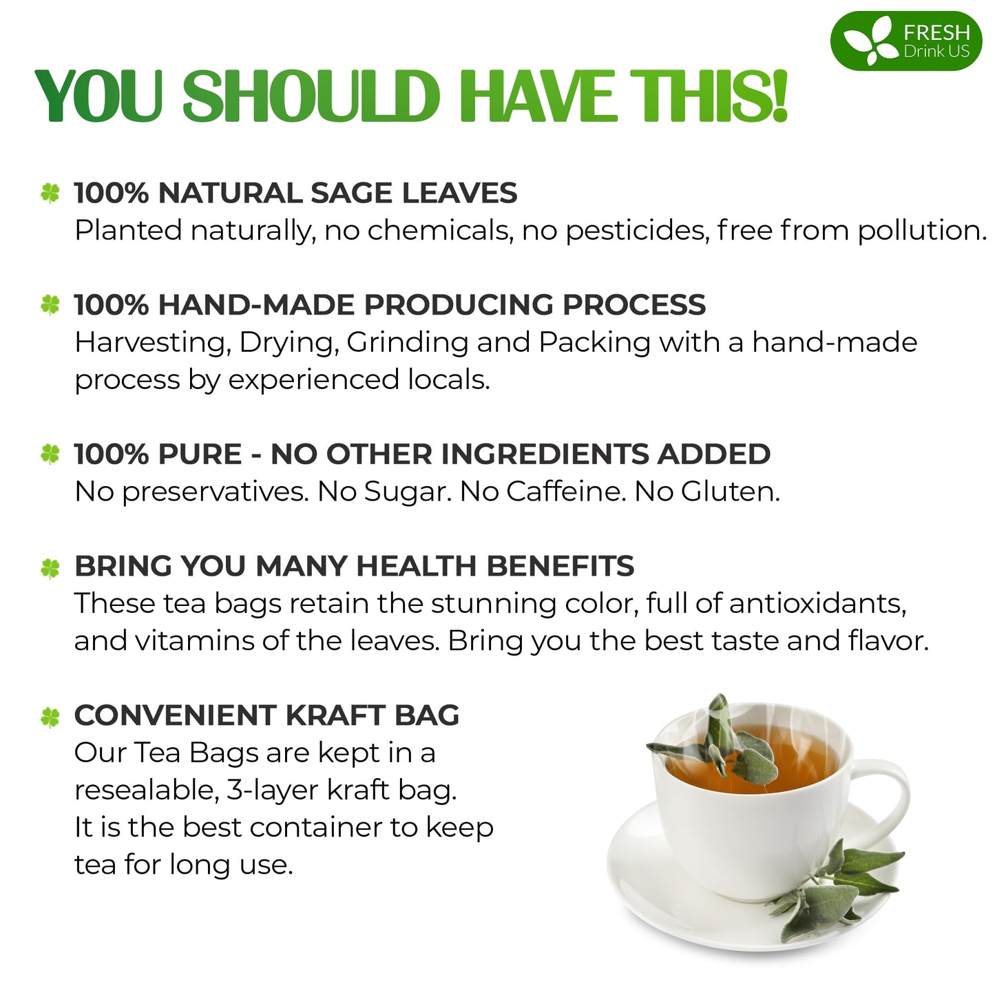 FRESHDRINKUS Premium Sage Leaf Tea Bags, 100% Natural Herbal Tea, 15 Bags, Vegan, No Sugar, No Caffeine, Gluten-Free