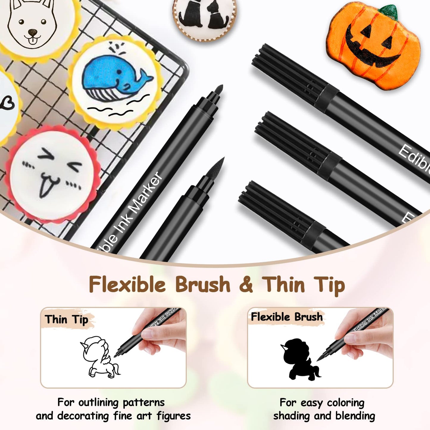 Food Coloring Pens, 5Pcs Black Double Sided Edible Food Coloring Markers With Fine And Thick Tip, Food Grade Gourmet Writers For