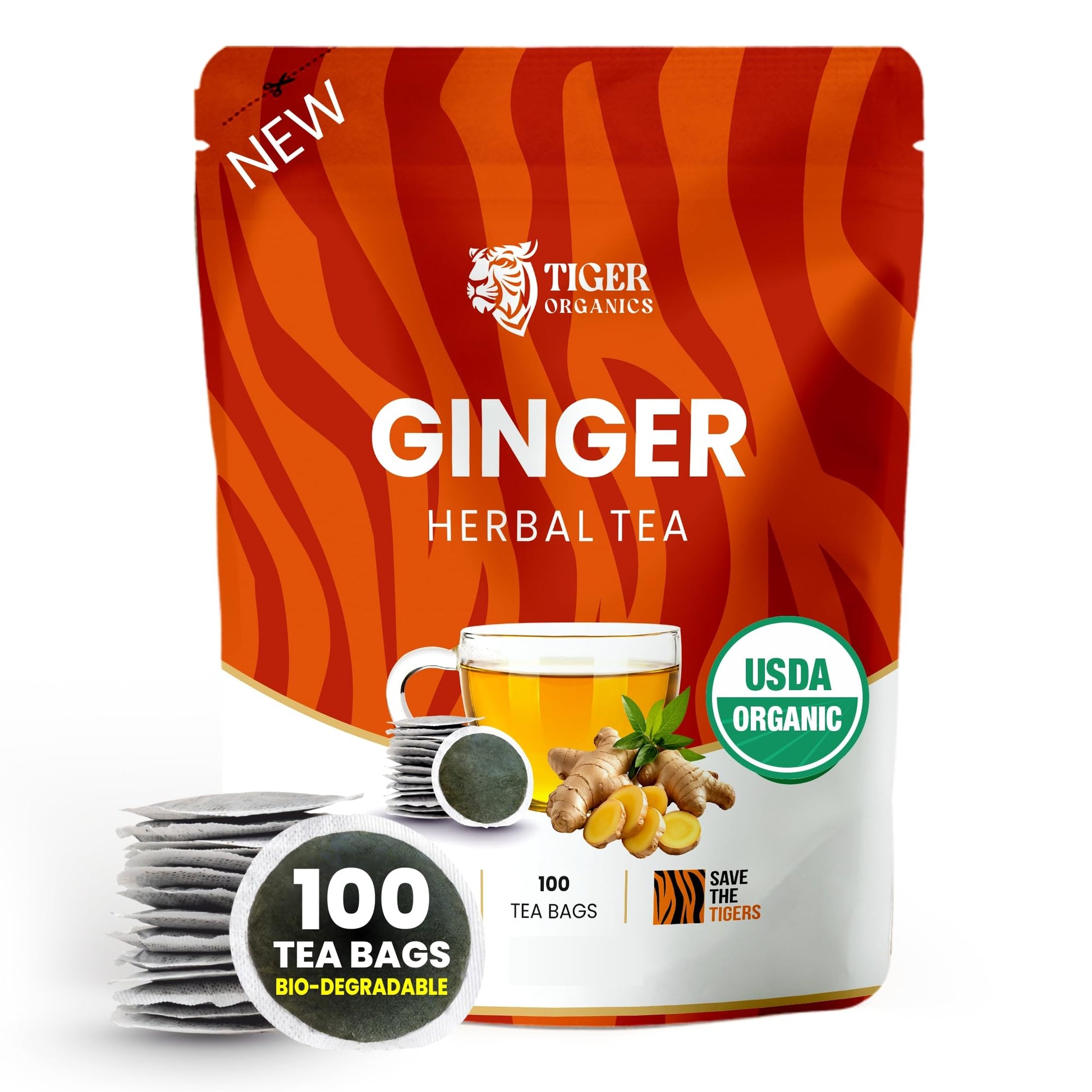 Tiger Organics, Ginger Herbal Tea - 100 Biodegradable Teabags | Natural Immunity Booster & Healthy Digestion | Your Breakfast Gu