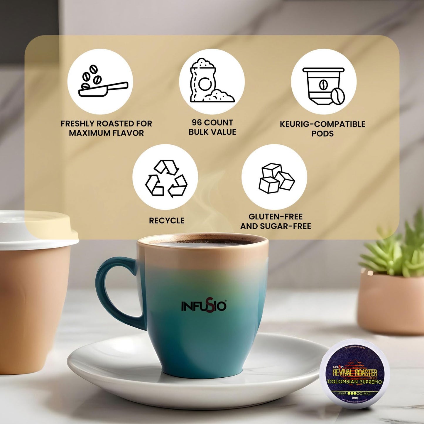 InfuSio Coffee Pods, Colombian Supremo Medium Roast, 96 Count, Compatible with Keurig K Cup® malt-inspired