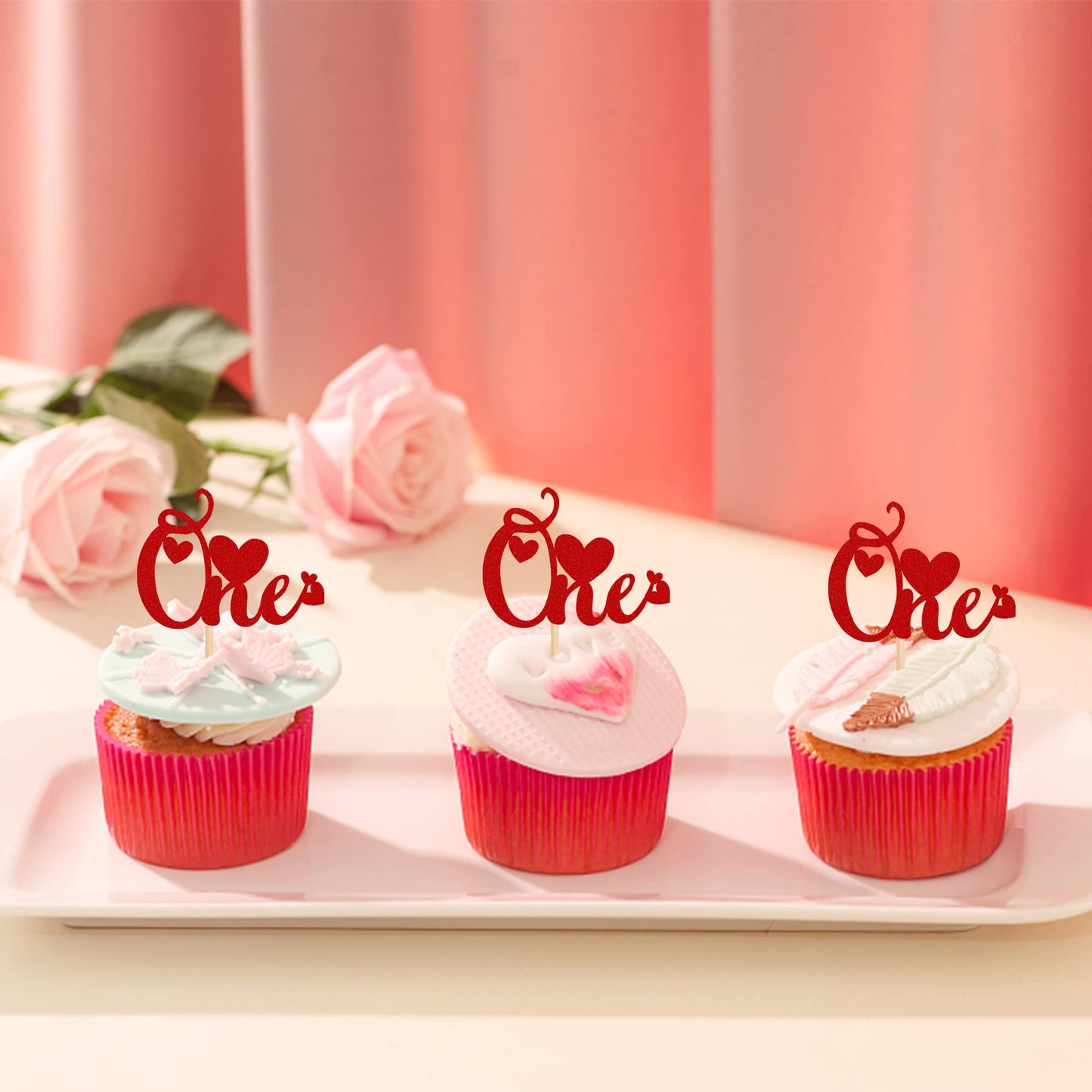 24 Pcs One Cupcake Toppers With Love Glitter Sweet Valentine'S Day 1St Birthday Party Cupcake Picks Wedding Anniversary Valentin