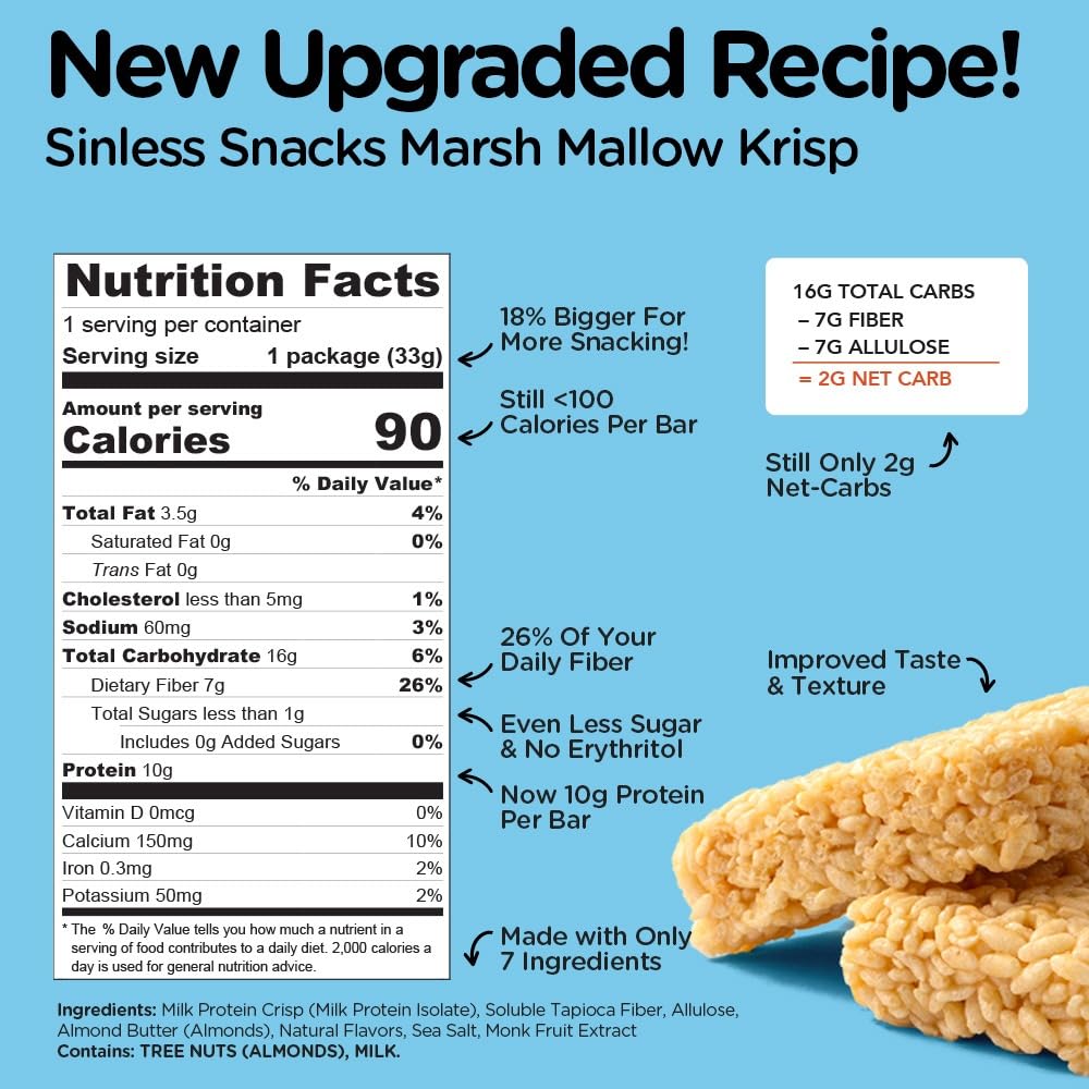 Sinless Snacks Marsh Mallow Krisp - Keto Cereal Bars - Gluten Free, Low Carb - 1.2 oz, 8 Count
