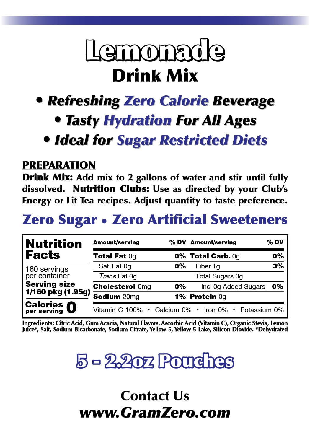 Gramzero Lemonade Sugar Free Drink Mix Sports Pack, Great For Nutrition Club Loaded Teas, Zero Calorie, Stevia Sweetened