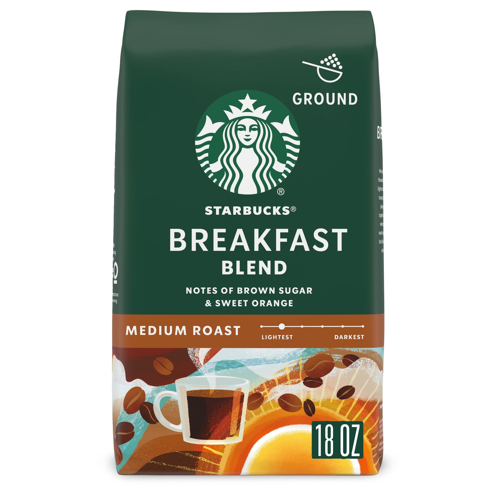 Starbucks Ground Coffee Breakfast Blend, Medium Roast, 100% Arabica, 18 oz Bag