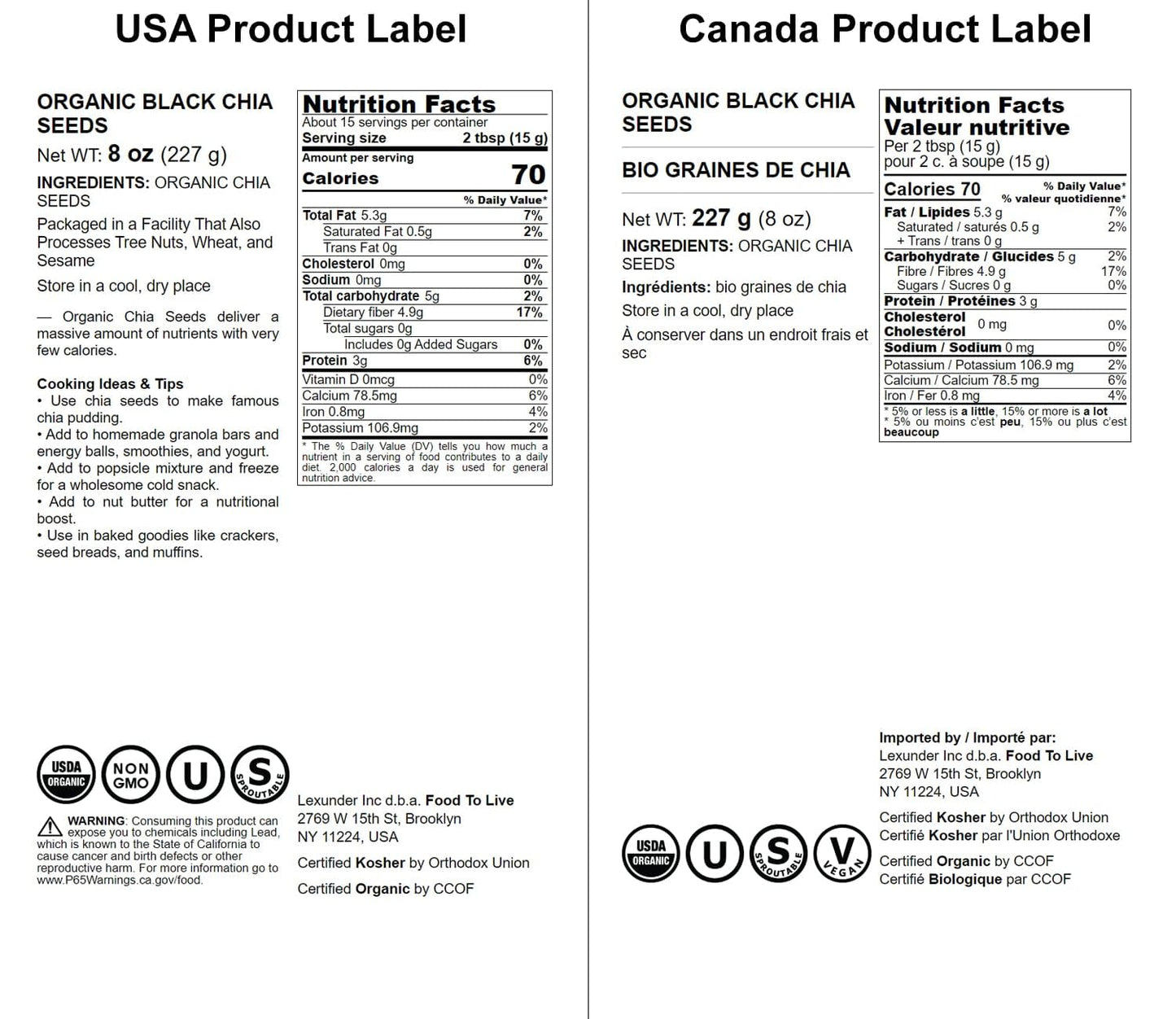 Food to Live - Organic Black Chia Seeds, 8 Ounces Non-GMO, Whole, Sproutable, Vegan, Kosher, Keto, Sirtfood, Bulk. Rich in Essen