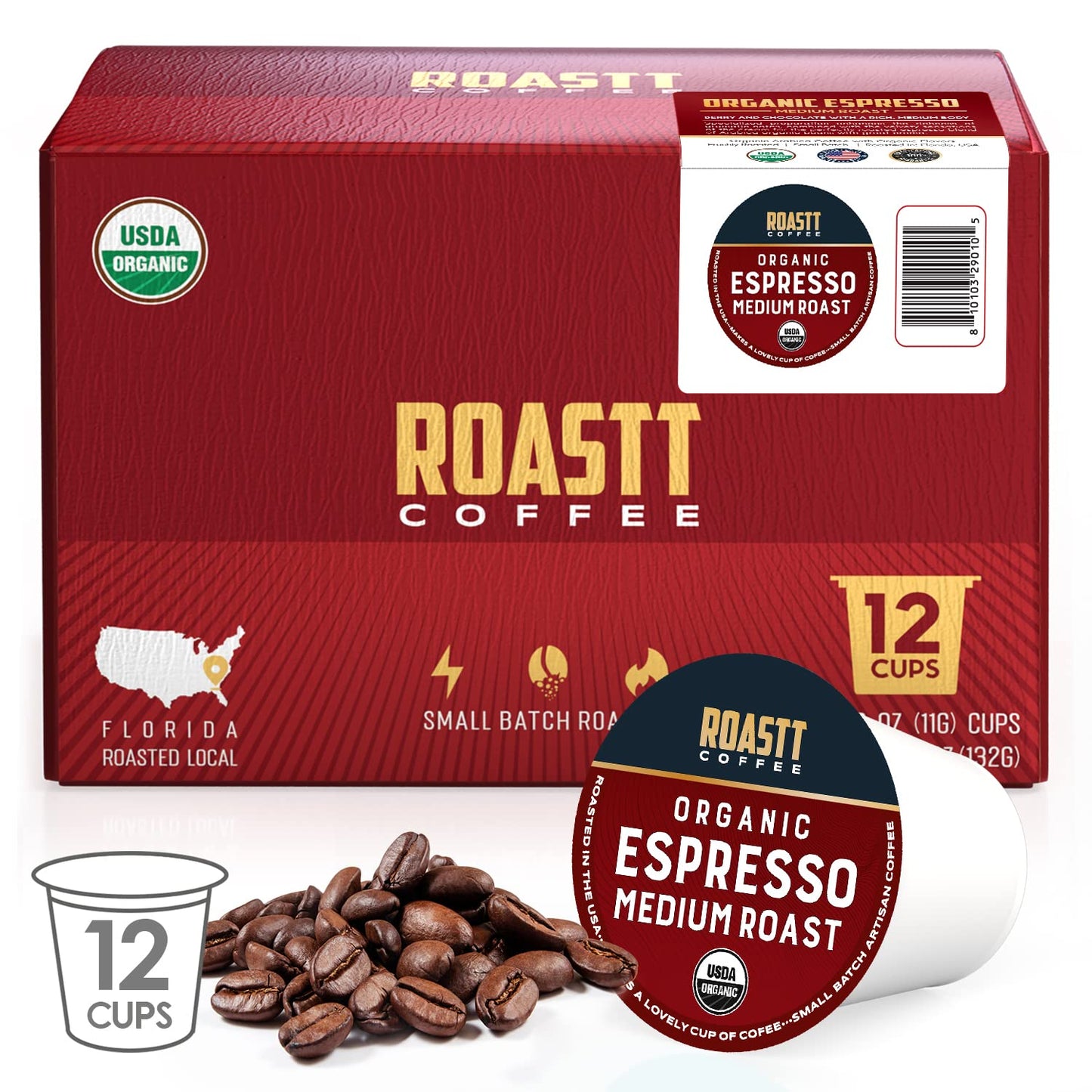 Roastt Coffee Organic Espresso Pods for Keurig, Medium Dark Roast, 12 Count