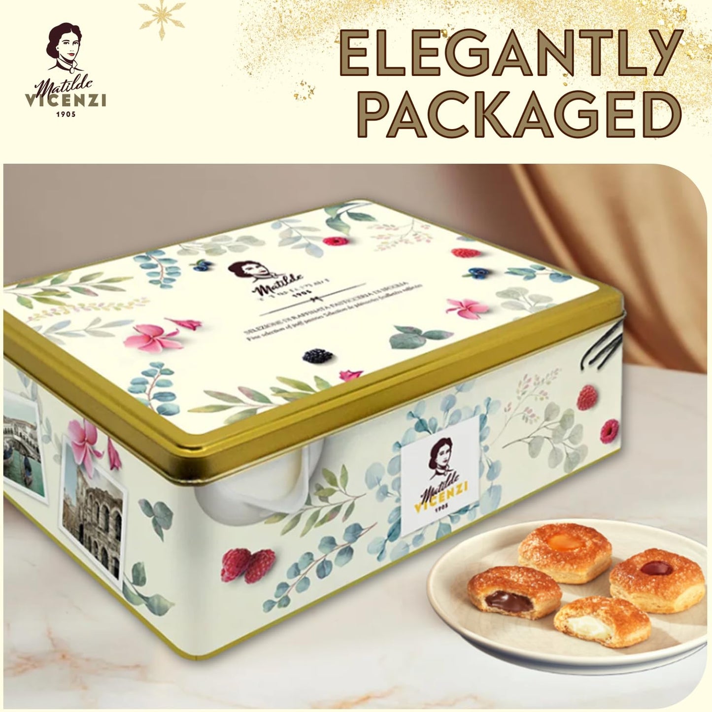 Pasticceria Matilde Vicenzi 5 Oclock Tea Time Cookie Assortment Gift Tin - Butter Pastries, Chocolate & Vanilla Filled Gourmet Cookies - Bakery Snacks Made In Italy For Gifting - 13.76Oz (390G)