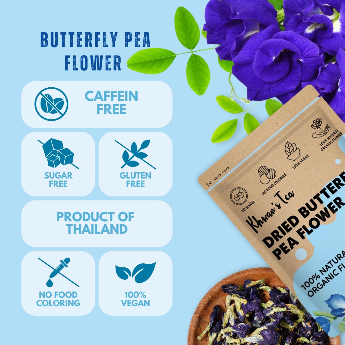 KHWANS TEA Butterfly Pea Flower Tea - Herbal, Caffeine-Free, 1.80 Ounce (50g) Pack