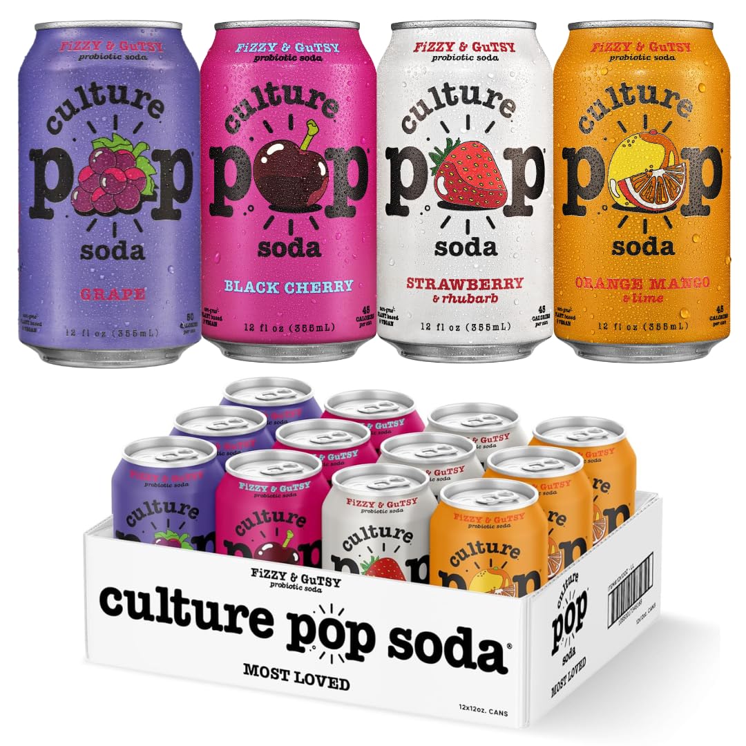 Culture Pop Soda  Most Loved Variety Pack  Probiotic Low Sugar Soda  Sparkling Juice Alternative  Non-GMO  Kosher  Gluten-Free  No Stevia (12pk)