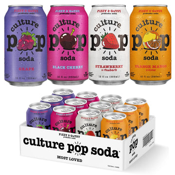 Culture Pop Soda  Most Loved Variety Pack  Probiotic Low Sugar Soda  Sparkling Juice Alternative  Non-GMO  Kosher  Gluten-Free  No Stevia (12pk)