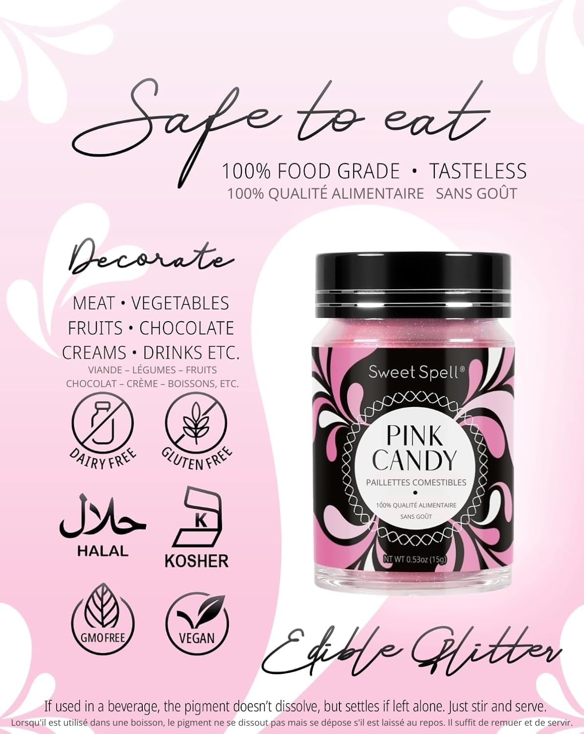 Sweet Spell Edible Glitter (15G) - Shimmer Sparkles For Drinks, Cakes, Cocktails - 100% Edible & Food Grade Glitter, Vegan, Gluten-Free (Pink Candy)