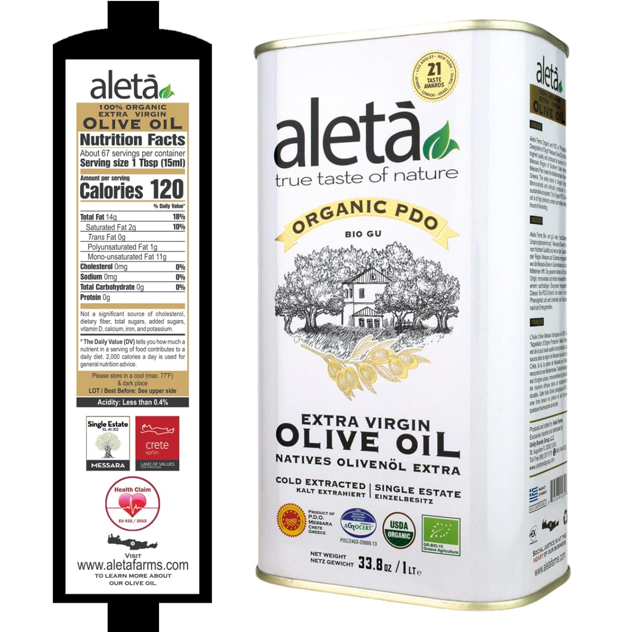Aleta Farms Extra Virgin Olive Oil, USDA Organic, Cold Pressed, 33.8 Fl Oz, Single Estate, Kosher, Polyphenol Rich