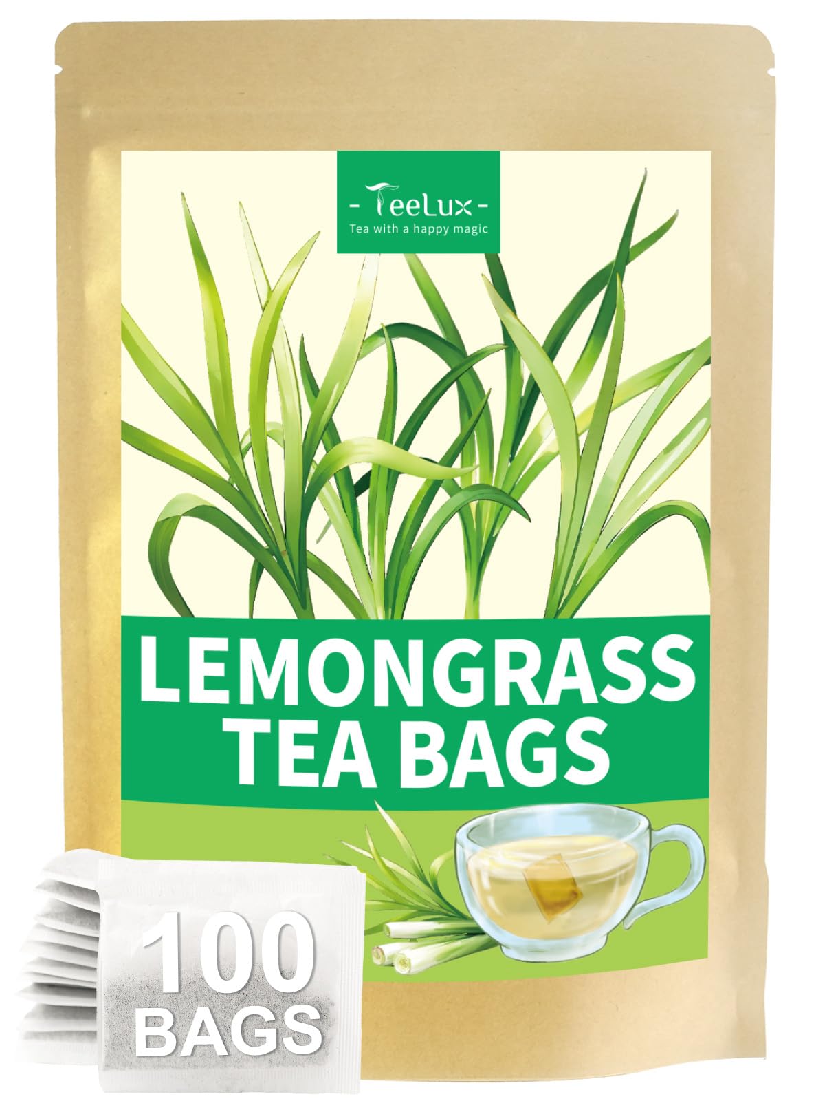 Teelux Lemongrass Tea Bags  Pure & Natural Lemongrass Herbal Tea  Refreshing & Smooth Taste  Energy Blend Free  100 Count
