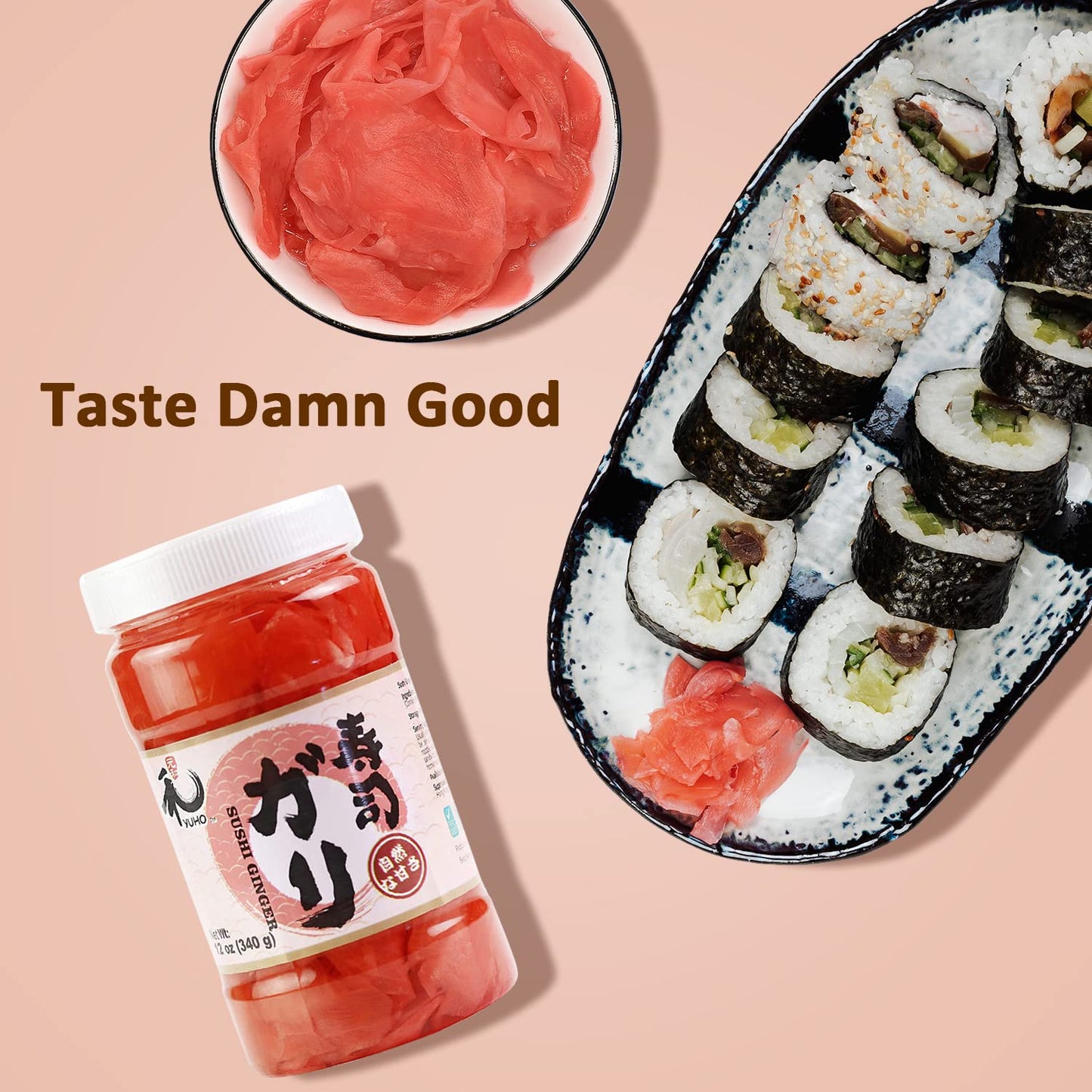YUHO Pickled Sushi Ginger, Japanese Pink Gari Sushi Ginger Fat Free, Sugar Free, Kosher, BRC, No MSG, Low cal- 2 Jars of 12 oz