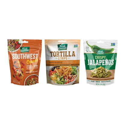 Fresh Gourmet Tex-Mex Crunch Variety Pack (3-Pack) - Crispy Jalapeos, Southwest Crunch, and Santa Fe Tortilla Strips, 3.5 Oz Eac