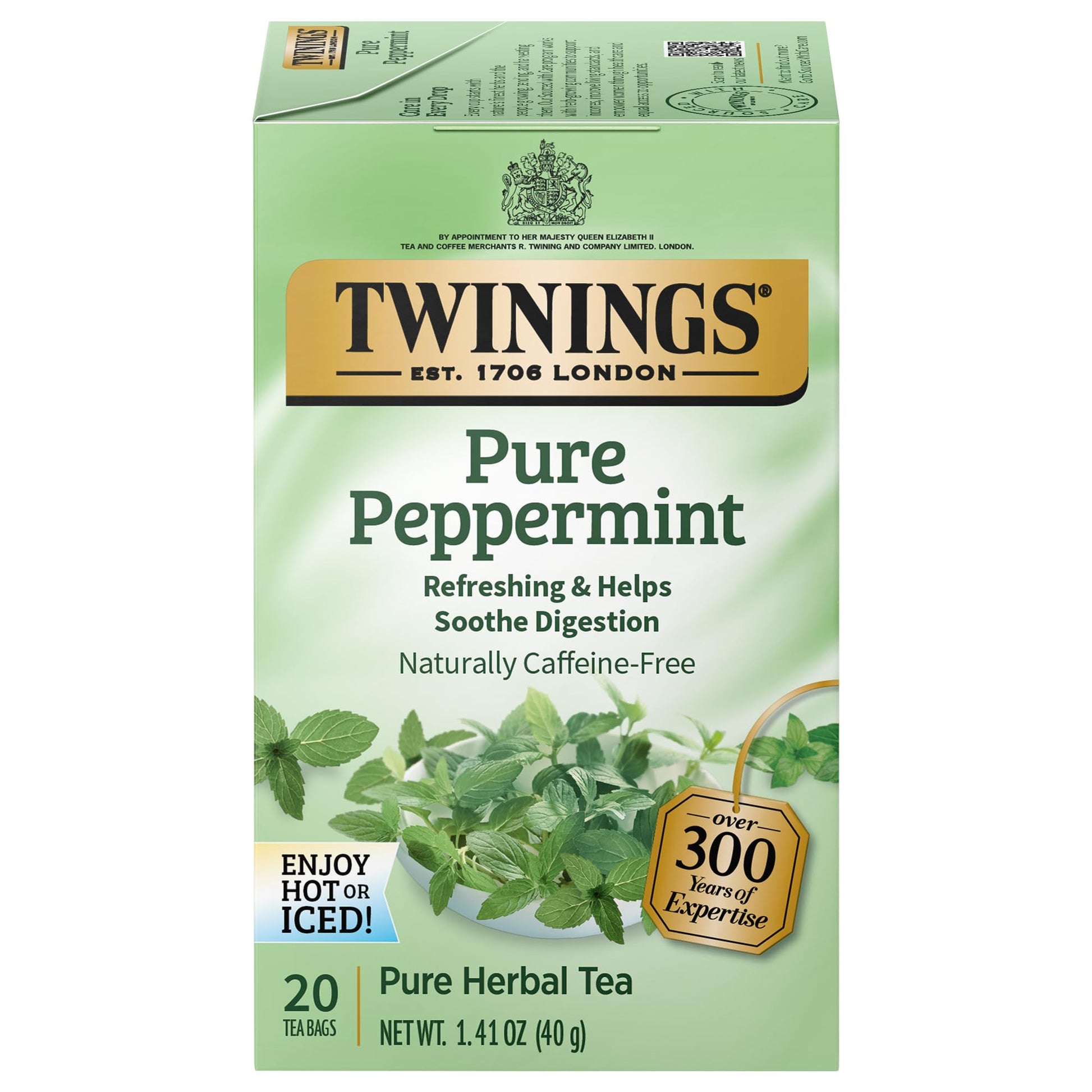 Twinings Peppermint Herbal Tea, Caffeine-Free, 20 Individually Wrapped Teabags, Fresh Minty Flavor, TWI-050