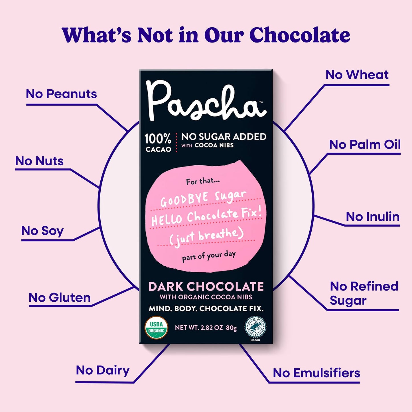 Pascha Organic Chocolate Bars, Gluten Free, Non GMO, 2.82 Oz, Pack of 10, Sugar Free Dark Keto 100% Cacao with Cocoa Nibs