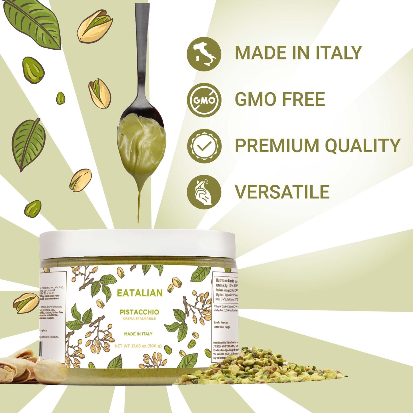 EATALIAN by AMZ BETTER Pistachio Cream, 17.63 oz/500 gr, Delicious Spreadable Cream with Sweet and Unique Taste, Perfect with Ic