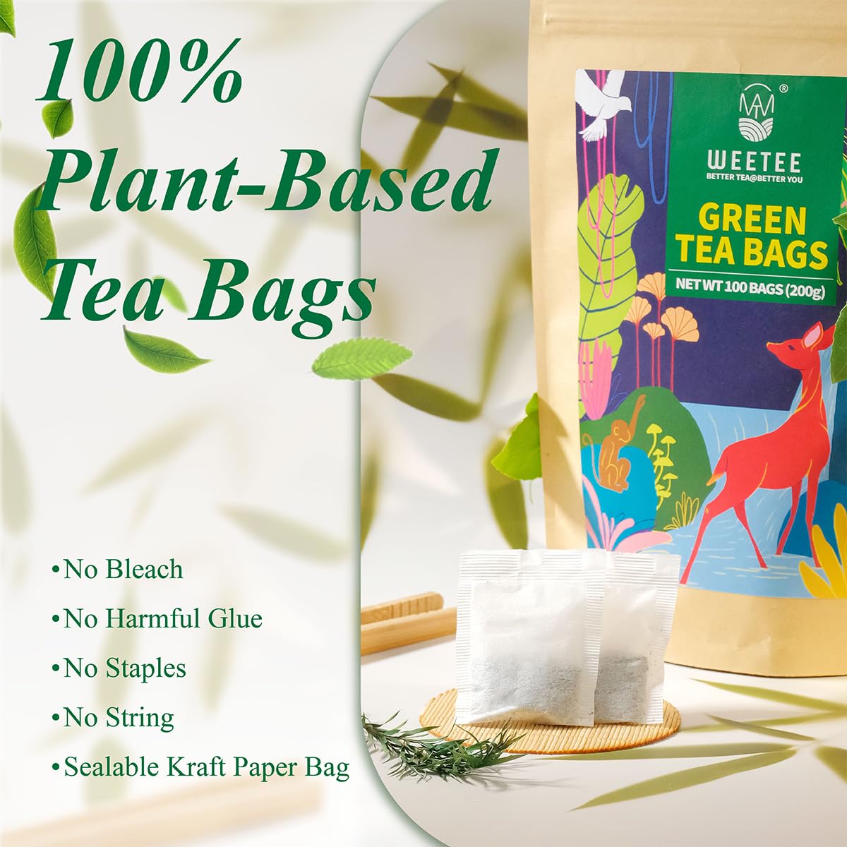 Wt Weetee Green Tea Bags, 100 Count Pure Green Tea, Super Antioxidant | Resealable Kraft Bag | Brew Hot Or Iced