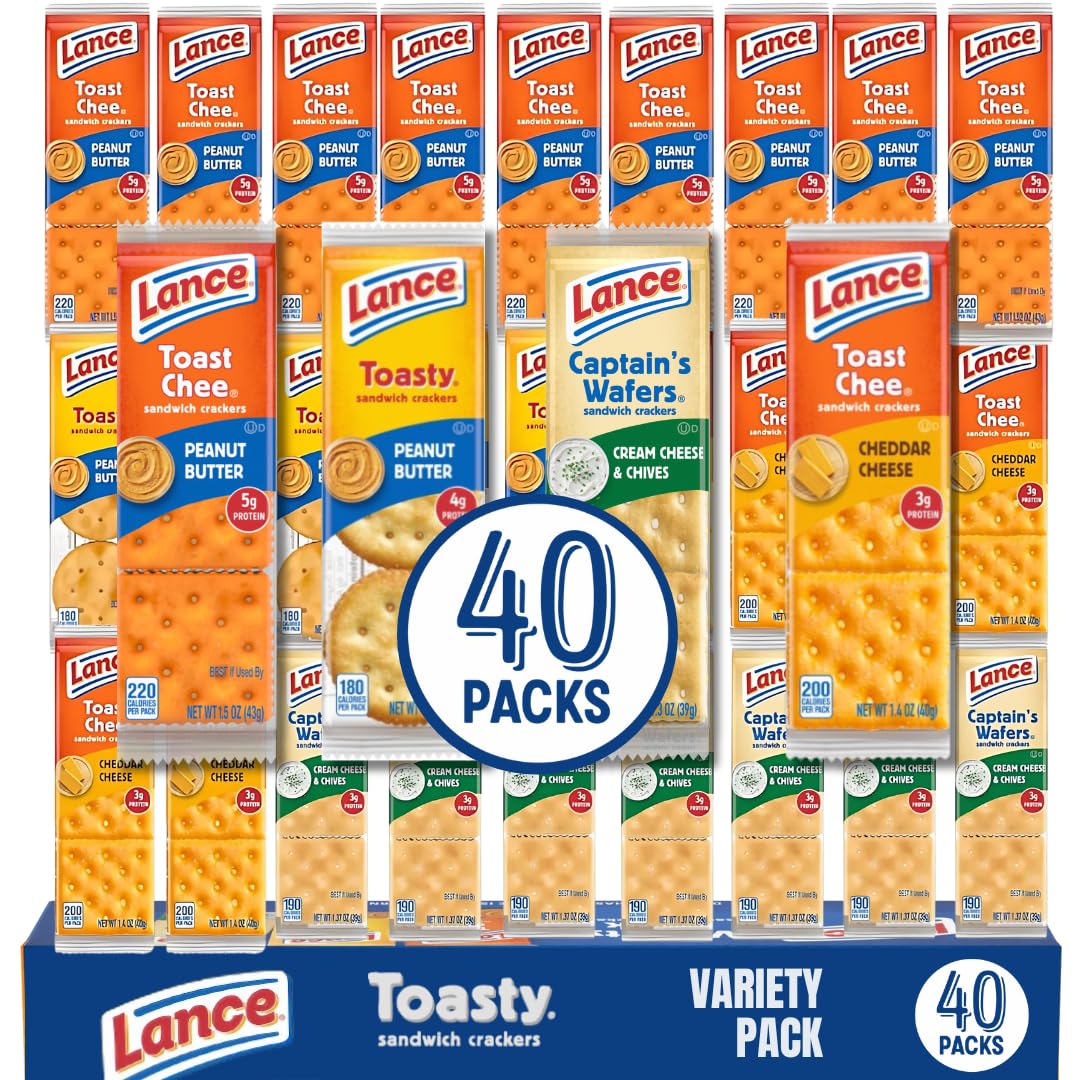 Sandwich Crackers Variety Pack, 40 Individual Snack Bags - Quality Lance Snacks, Featuring Toasty, Toastchee & Captains Wafers