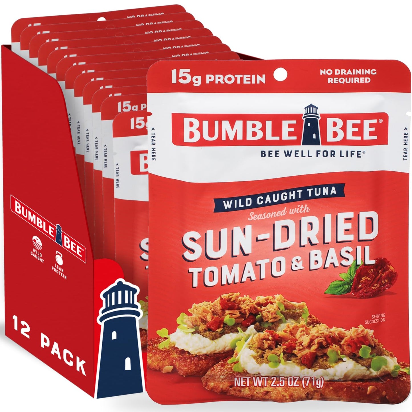 Bumble Bee Sun-Dried Tomato & Basil Seasoned Tuna, 2.5 Oz Pouches (Pack Of 12) - Ready To Eat - Wild Caught Tuna Pouch - 15G Protein Per Serving - Gluten Free