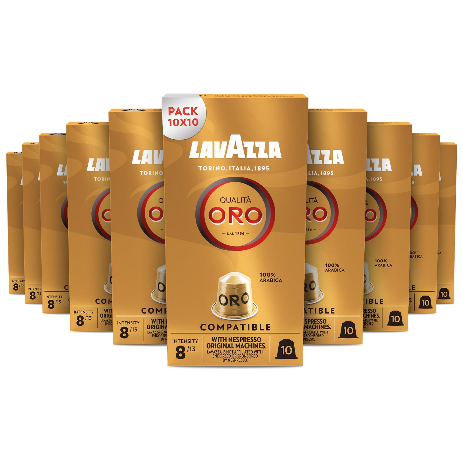 Lavazza Qualita Oro Nespresso Capsules, 100% Arabica, Intensity 8, Light Roast, 100 Count (10 Packs of 10)