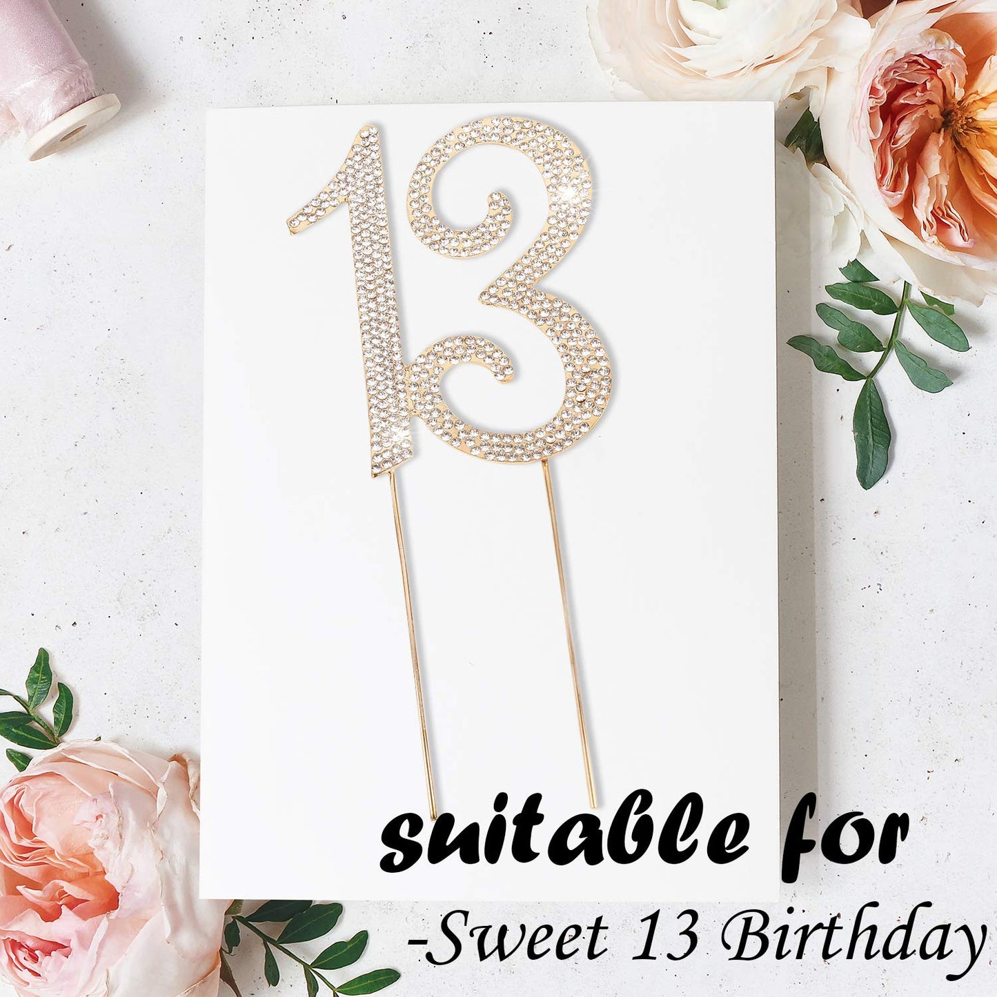 Hatcher lee Bling Crystal Cake Topper - 13th Birthday Decorations, Gold, Model HCL-004, Metal Material