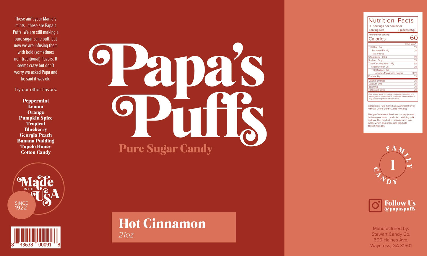 Papa'S Puffs Cinnamon Flavored Pure Sugar Candy - Individually Wrapped In Resealable Tub - Fat-Free, Gluten-Free, Cholesterol-Fr