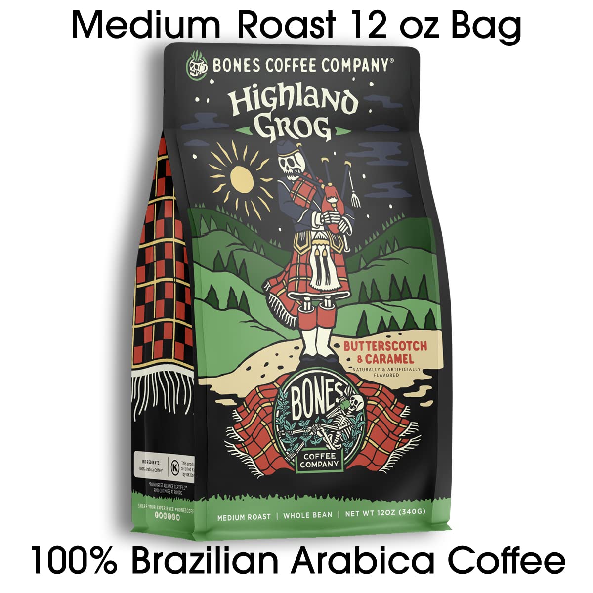 Bones Coffee Company Highland Grog, Butterscotch Caramel Flavored Coffee, Medium Roast Low Acid Arabica Beans Compatible with Au