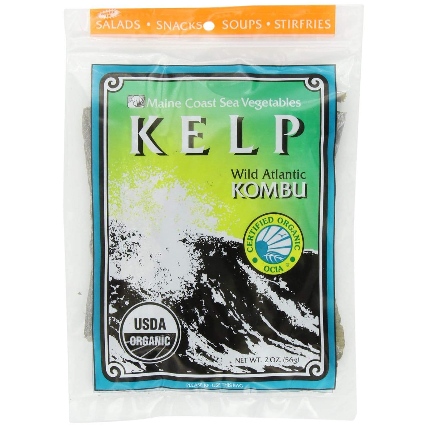 Maine Coast Sea Vegetables Kombu Sugar Kelp Leaf Bag | Organic Sea  | Low Sodium Salt Alternative | Rich in Iodine | Ideal for Soups, Salads, Cooking | 2 Oz / 56 g (Pack of 1)