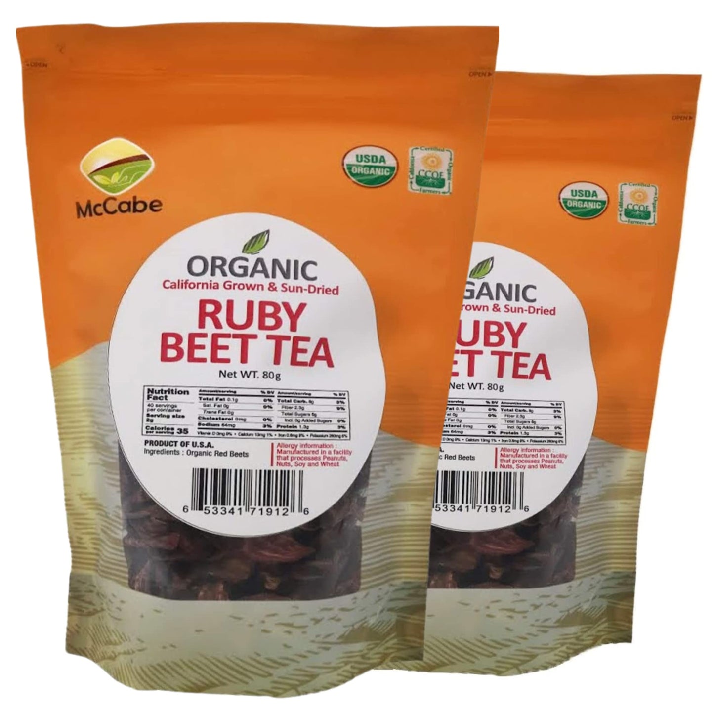 McCabe Organic Sun-Dried Ruby Beet Tea, 80g (Pack of 2) - Rich in Fiber & Minerals, USDA Certified, Product of USA