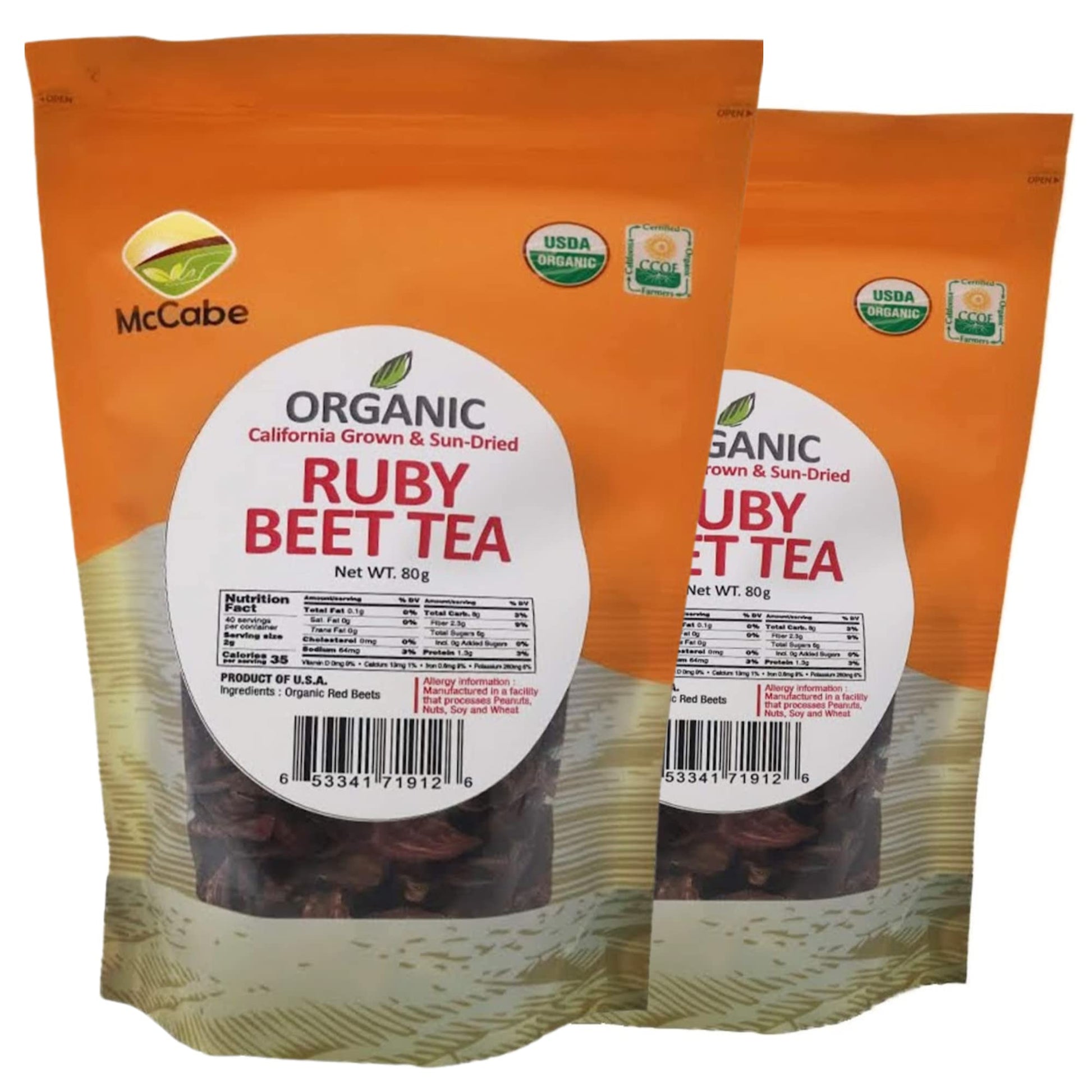 McCabe Organic Sun-Dried Ruby Beet Tea, 80g (Pack of 2) - Rich in Fiber & Minerals, USDA Certified, Product of USA