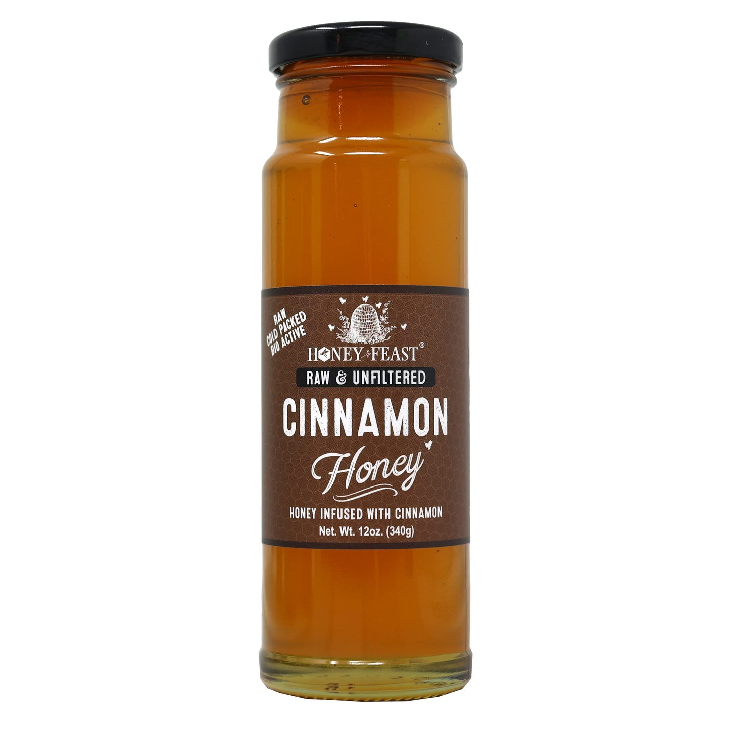 Honey Feast Organic Cinnamon Honey - Raw And Cold Packed - 12 Ounces - Small Batch Beekeeper Honey