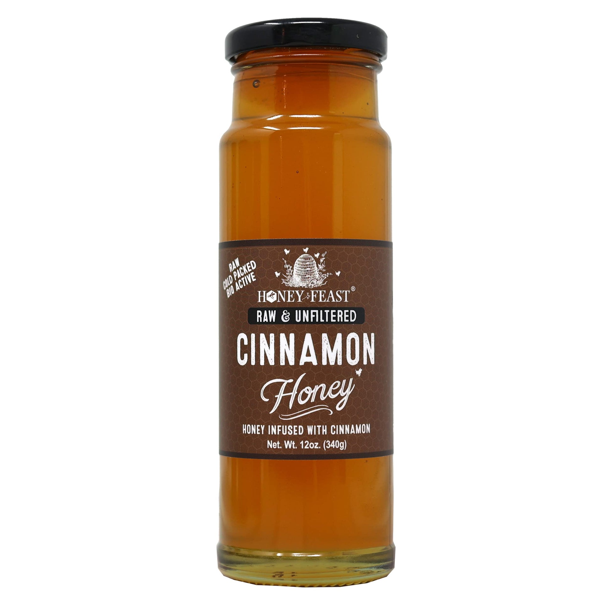 Honey Feast Organic Cinnamon Honey - Raw And Cold Packed - 12 Ounces - Small Batch Beekeeper Honey