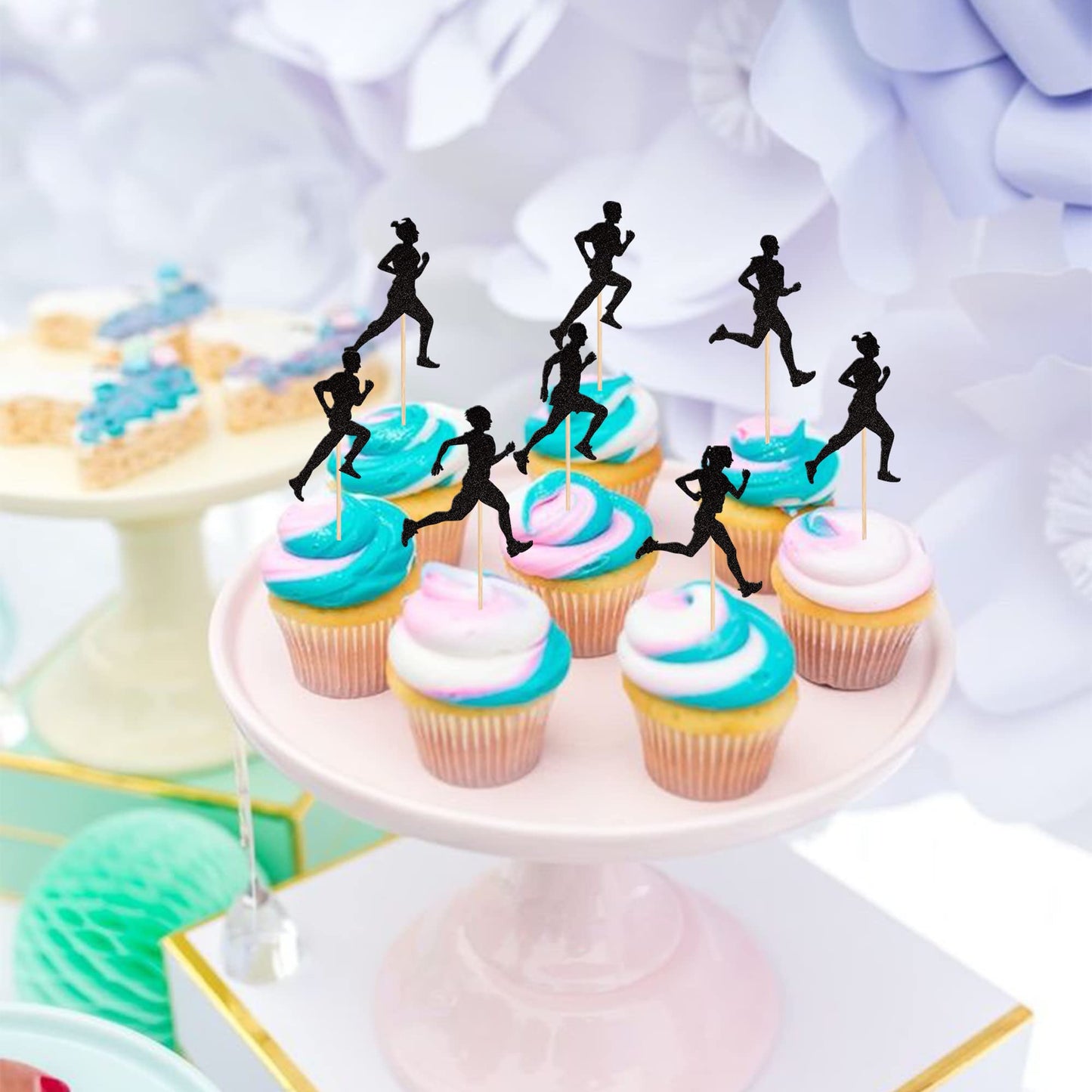 24 Pcs Running Cupcake Toppers Black Glitter Sports Fitness Cupcake Picks For Running Theme Boys Girls Birthday Party Cake Decor