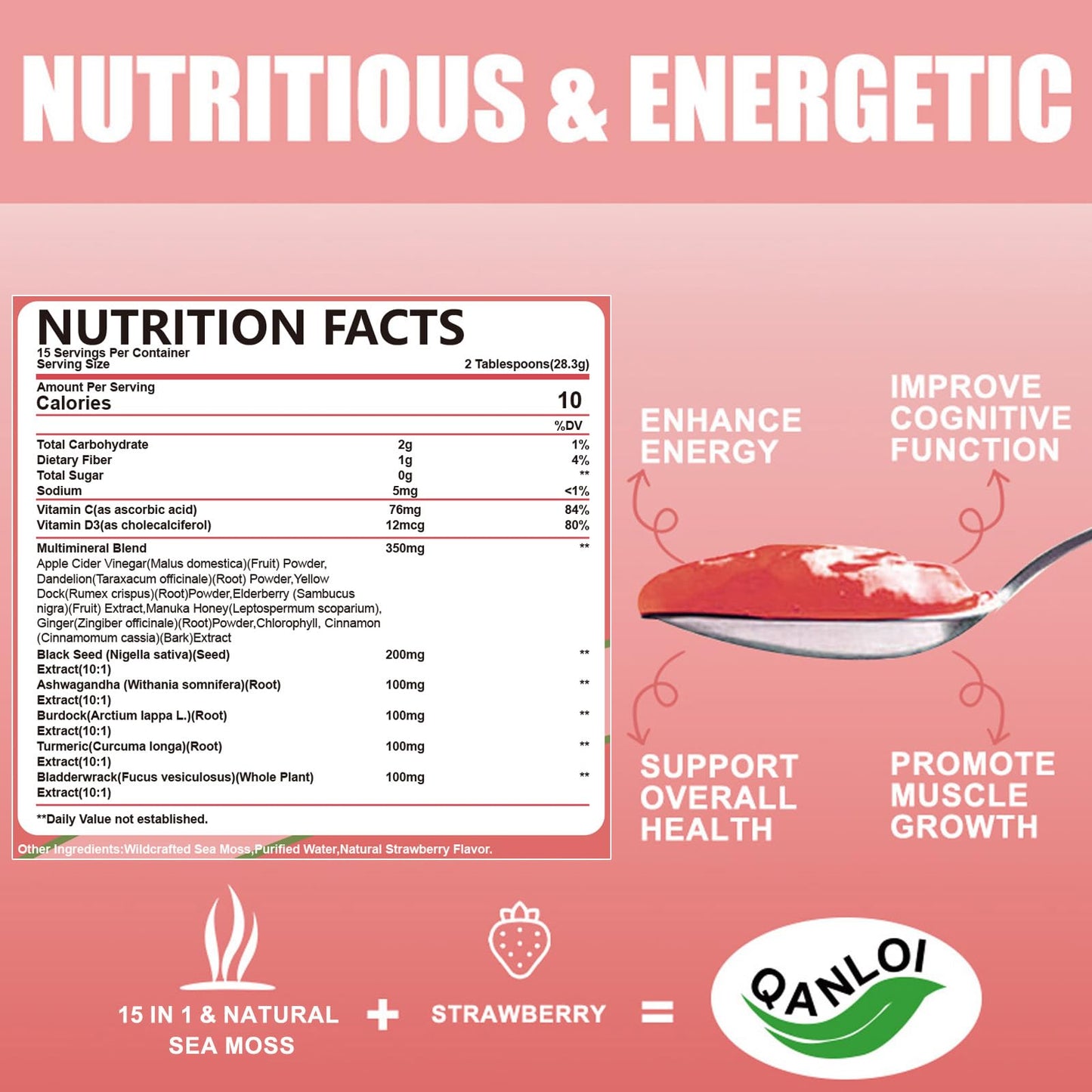 QANLOI 15OZ Strawberry Flavored Sea Moss Gel  15-in-1 Ingredient  Rich in Ashwagandha  Vitamins and Minerals  Promotes Metabolism & Improves Digestion