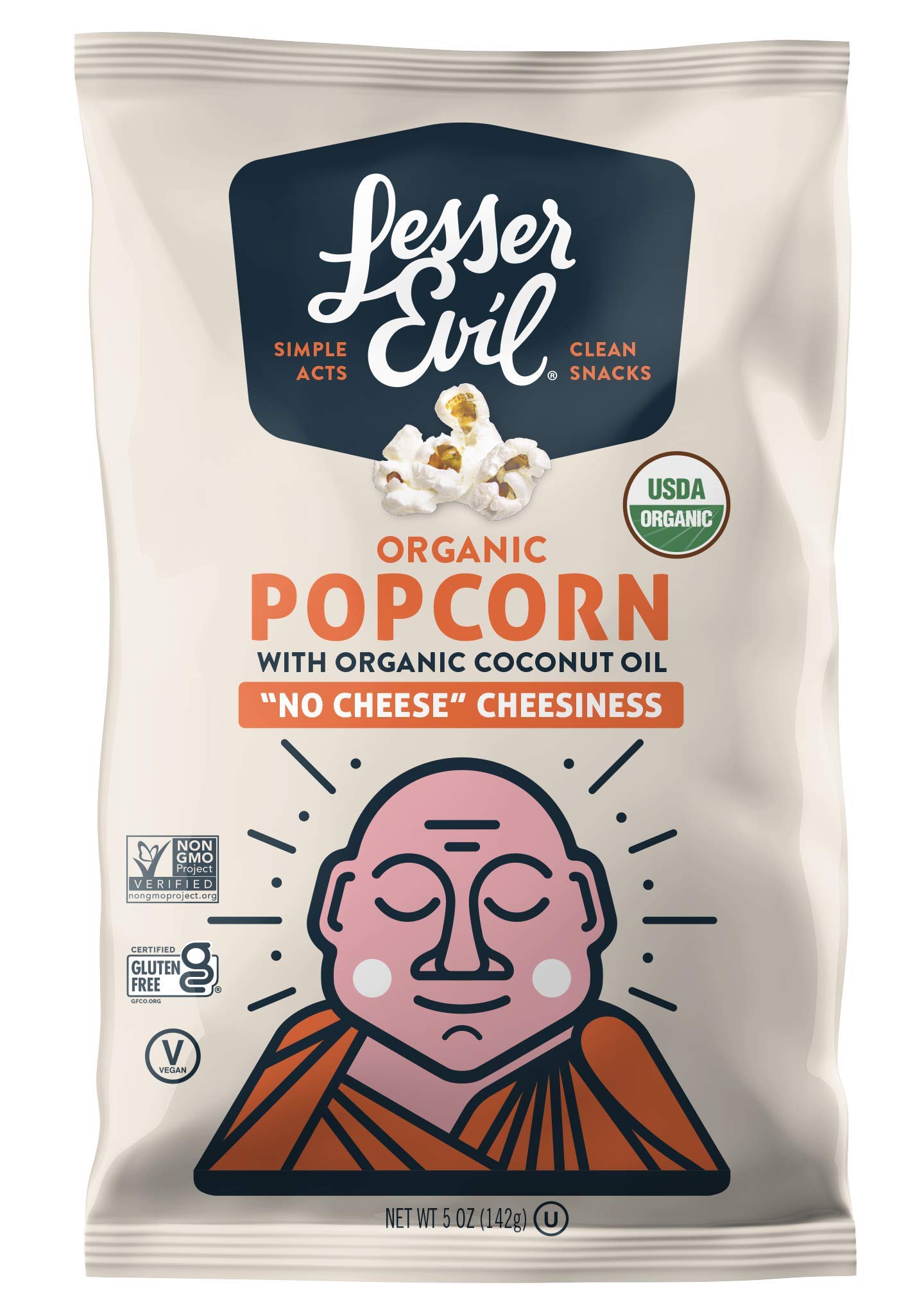 Lesserevil ''No Cheese'' Cheesiness Organic Popcorn, No Artificial Ingredients, Coconut Oil, Pack Of 12, 5 Oz Bags