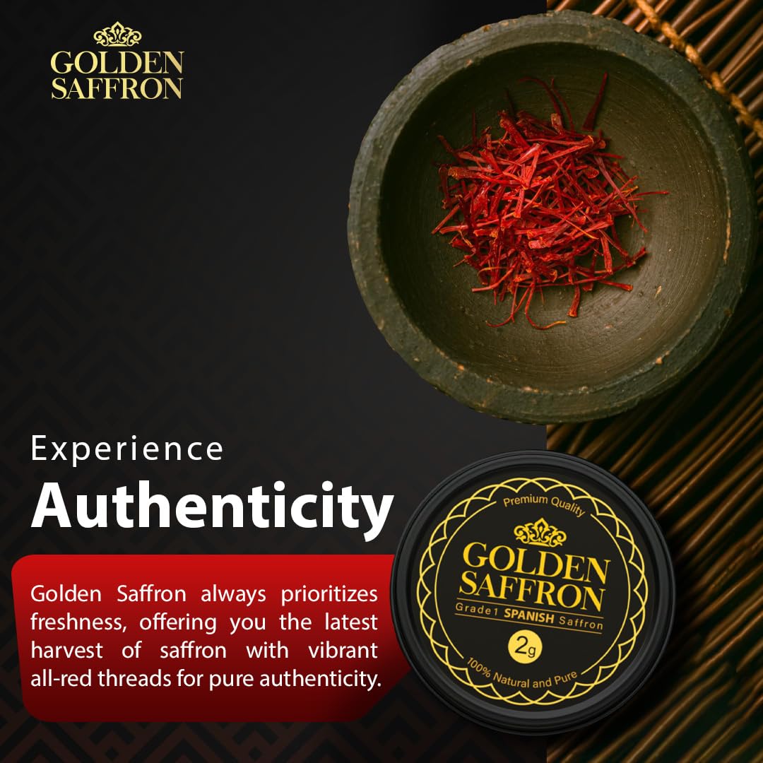 Golden Saffron, Enhanced Spanish Saffron Threads, Pure Red Spanish Saffron Spice Threads, For Culinary Use Such As Tea, Paella Rice, Risotto, Tachin, Basmati Rice (2 Grams)